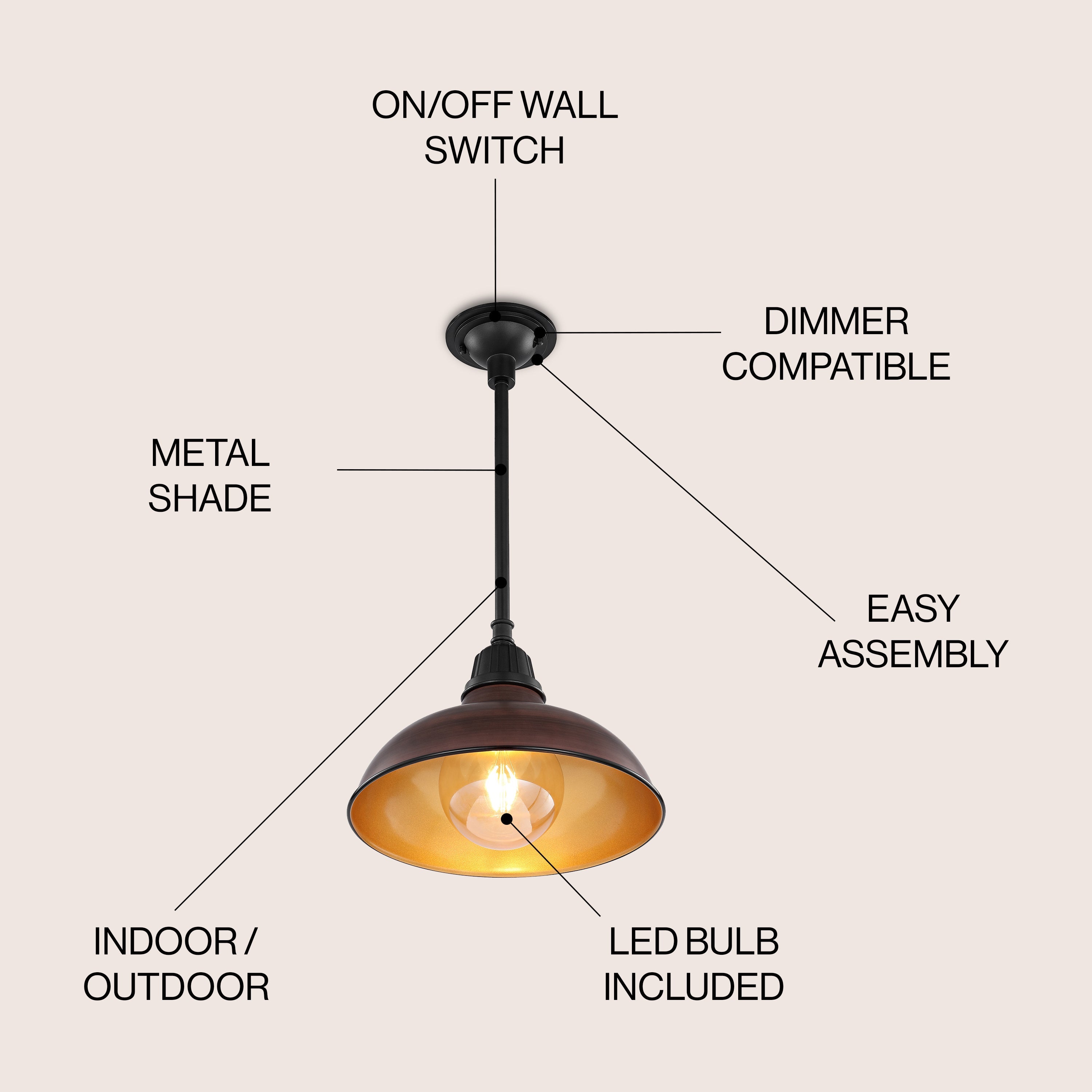 Jasper 1-Light Farmhouse Industrial Indoor/Outdoor Iron LED Pendant