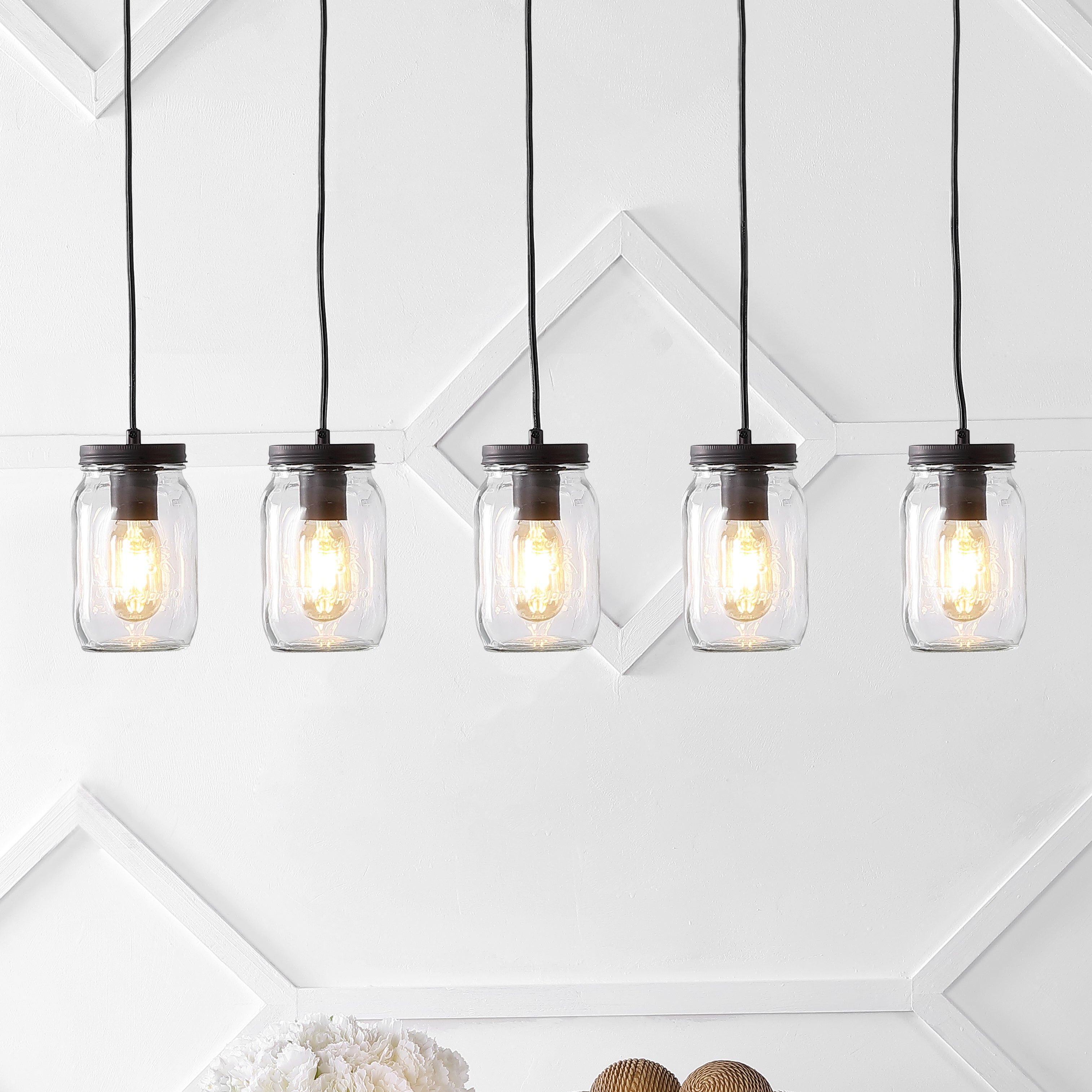 Gaines 5-Light Farmhouse Industrial Iron Mason Jar Linear LED Pendant