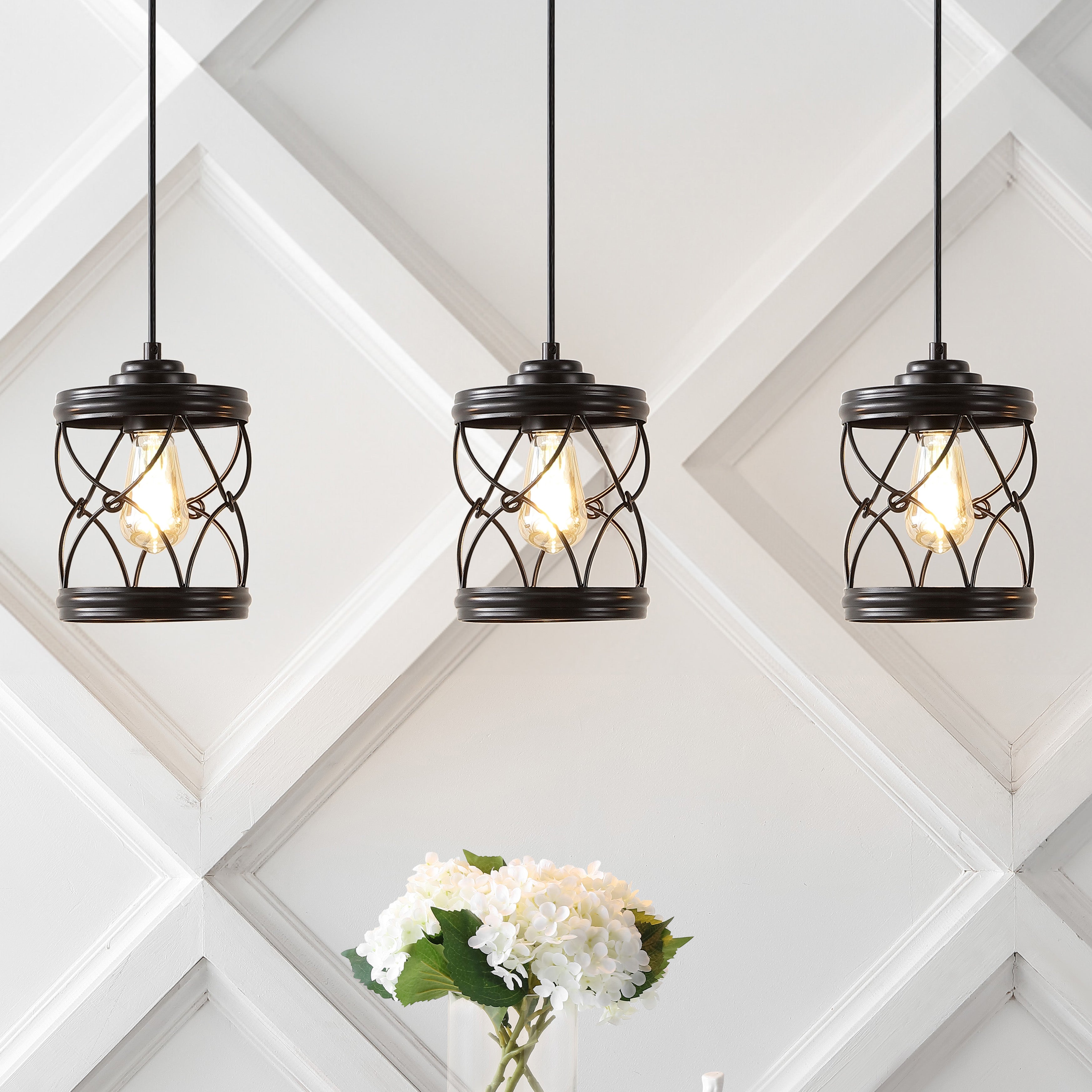 Marelle 1-Light Farmhouse Industrial Iron Filigree Caged Jar LED Pendant