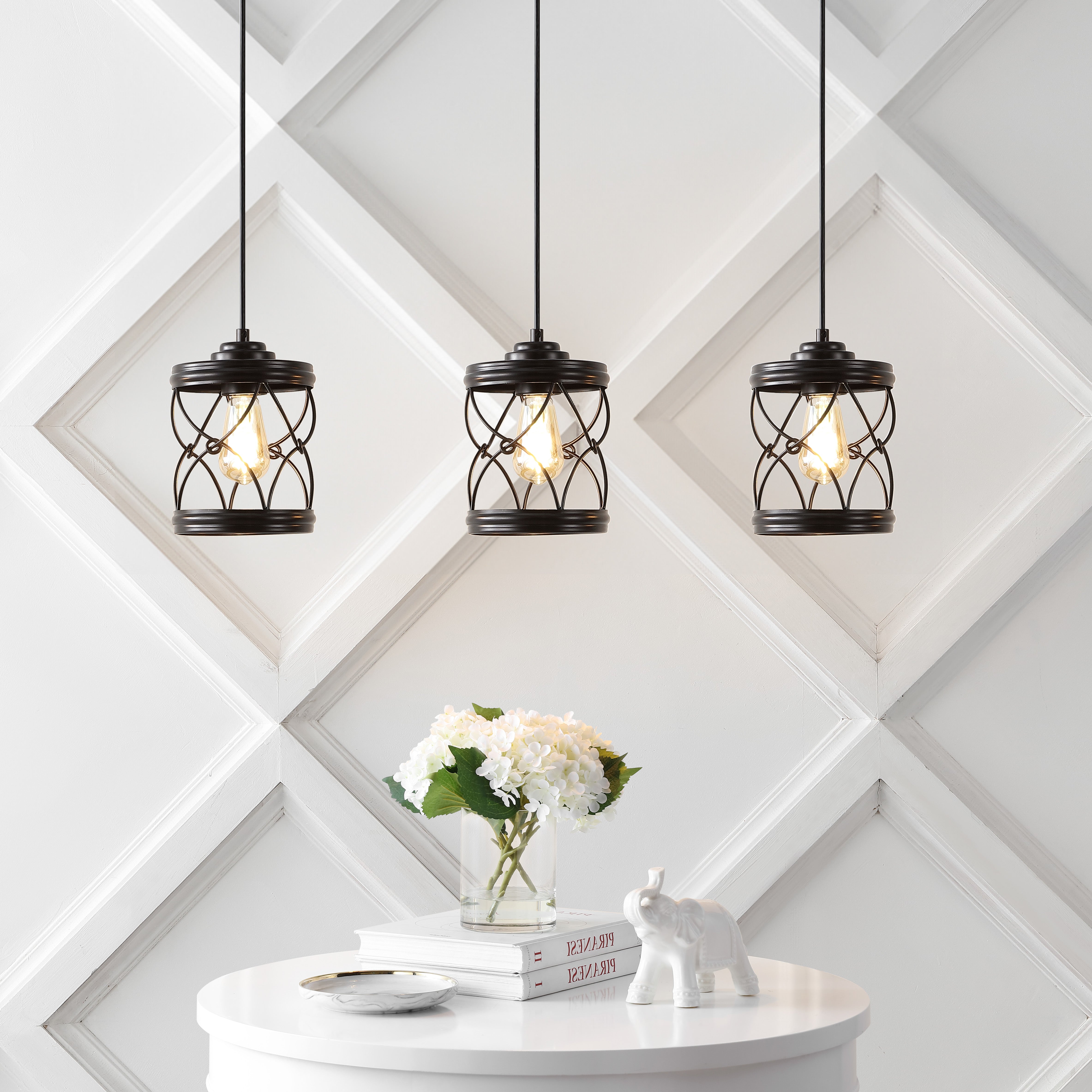 Marelle 1-Light Farmhouse Industrial Iron Filigree Caged Jar LED Pendant