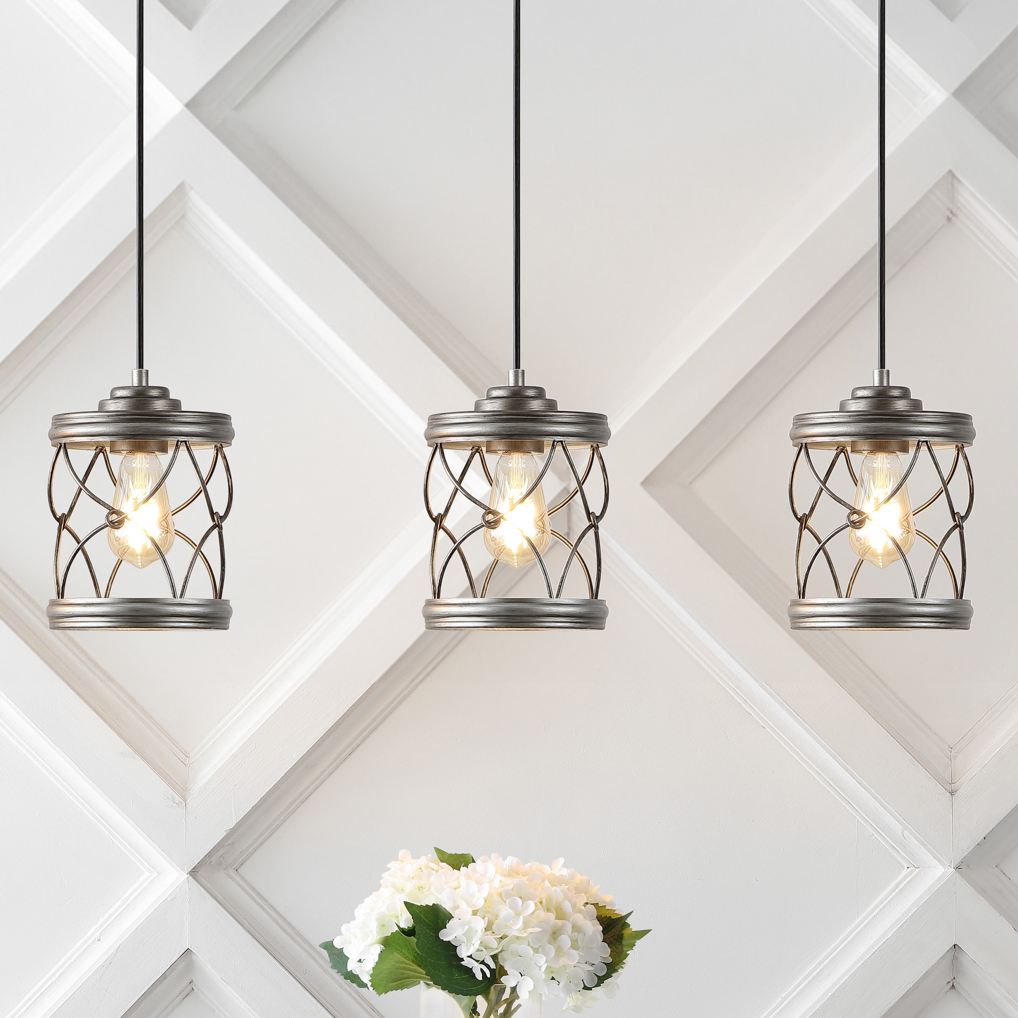 Marelle 1-Light Farmhouse Industrial Iron Filigree Caged Jar LED Pendant