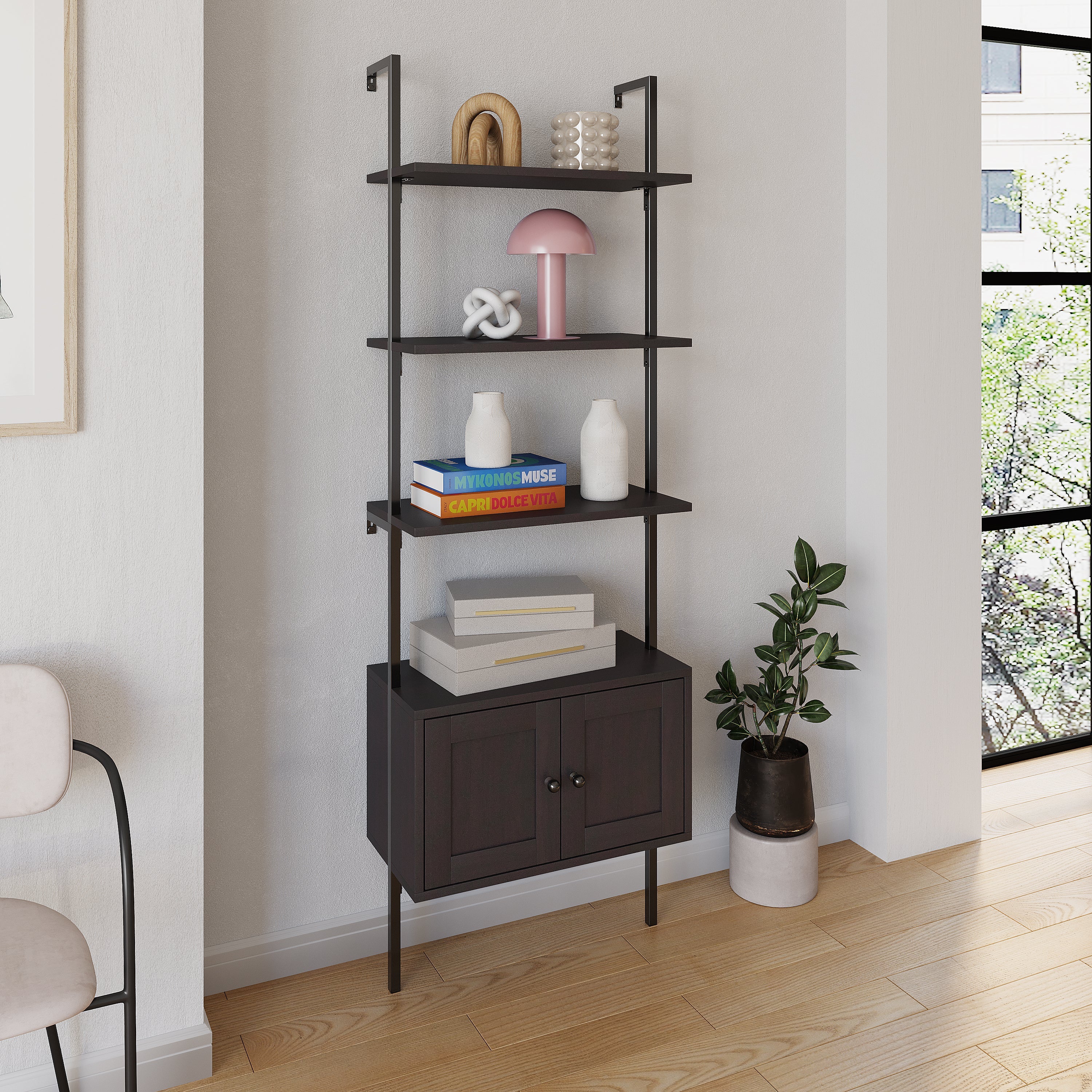 Tulare MidCentury Industrial 4-Shelf Wood Wall-Mounted Open Ladder Bookcase with Cabinet and Metal Frame