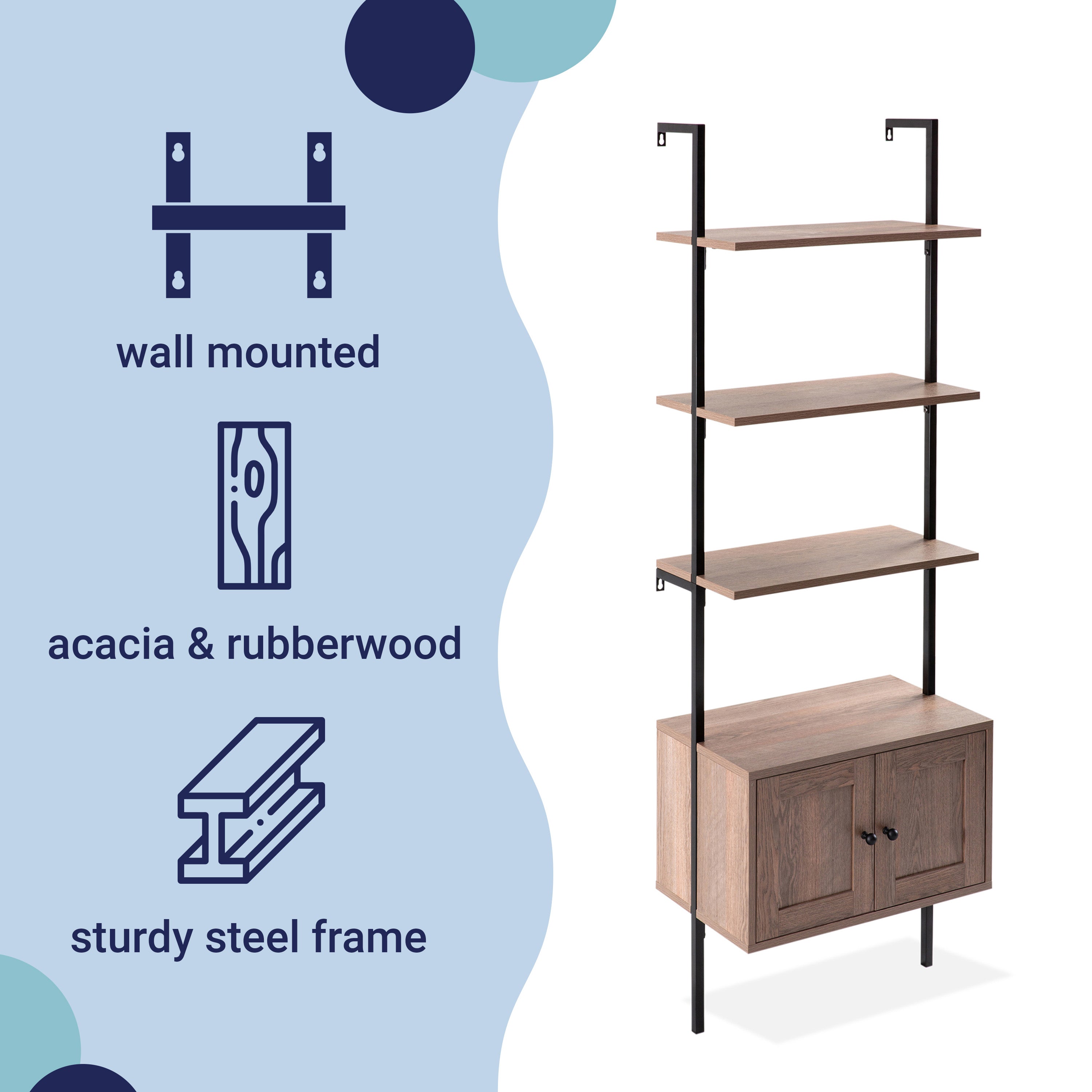 Tulare MidCentury Industrial 4-Shelf Wood Wall-Mounted Open Ladder Bookcase with Cabinet and Metal Frame