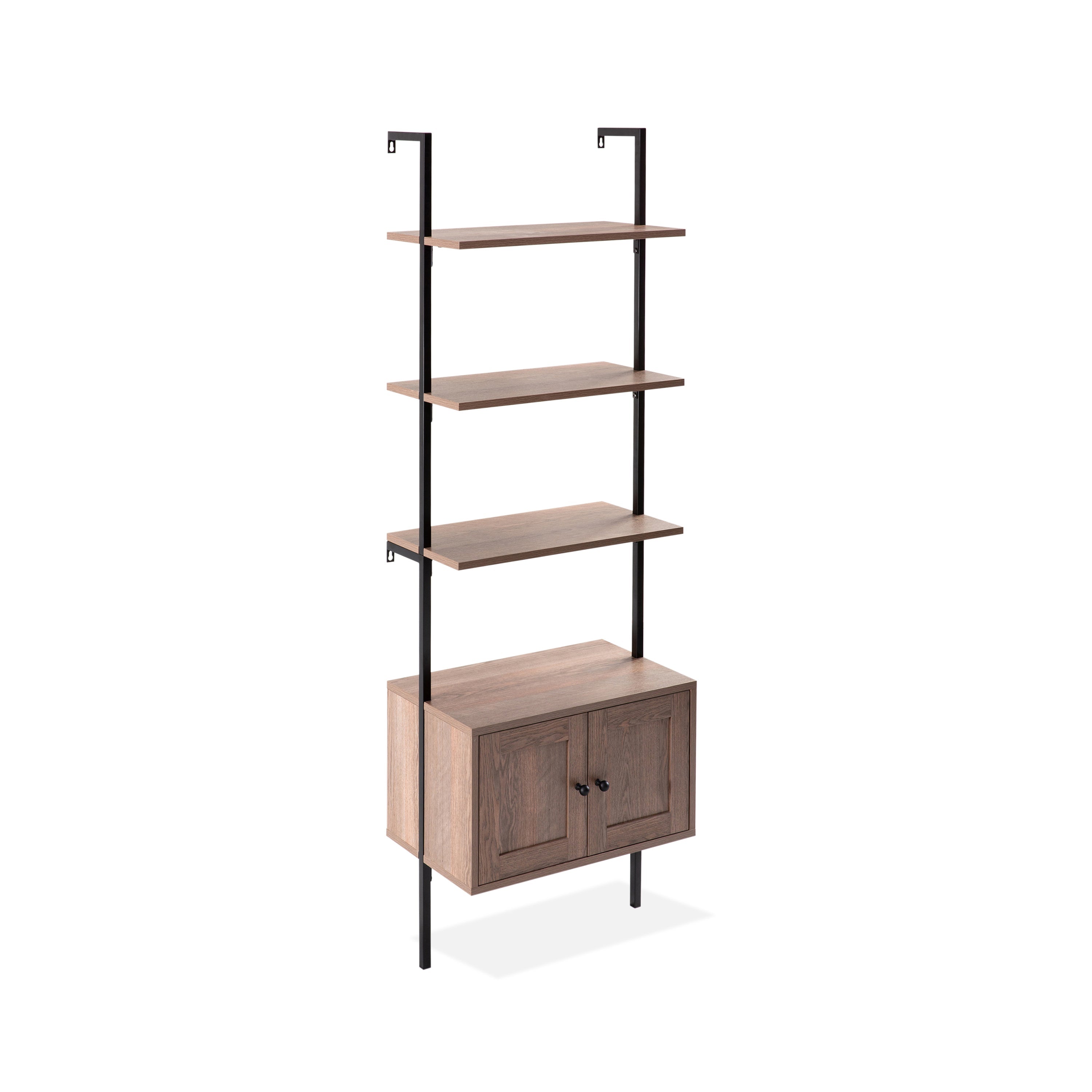 Tulare MidCentury Industrial 4-Shelf Wood Wall-Mounted Open Ladder Bookcase with Cabinet and Metal Frame