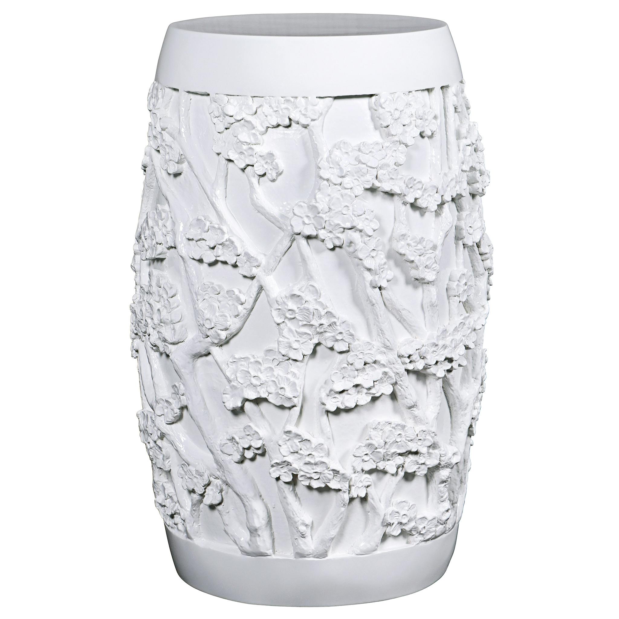 Sakura Cherry Blossom Asian Sculptural Pedestal Table: Gloss White Finish