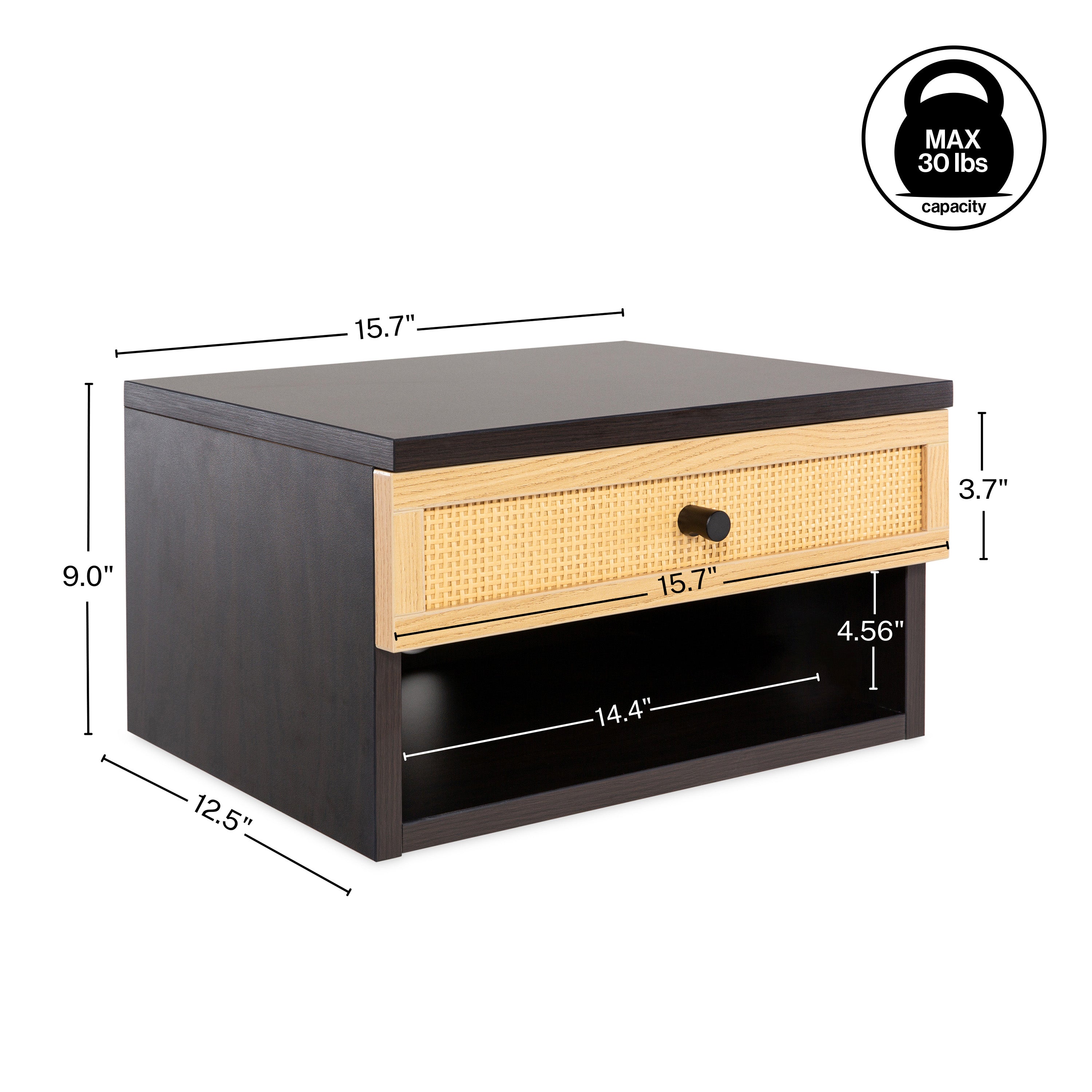 Celerie Mid-Century Modern Floating Wall Mounted Nightstand with Soft-Close Rattan Drawer and Cable Hole