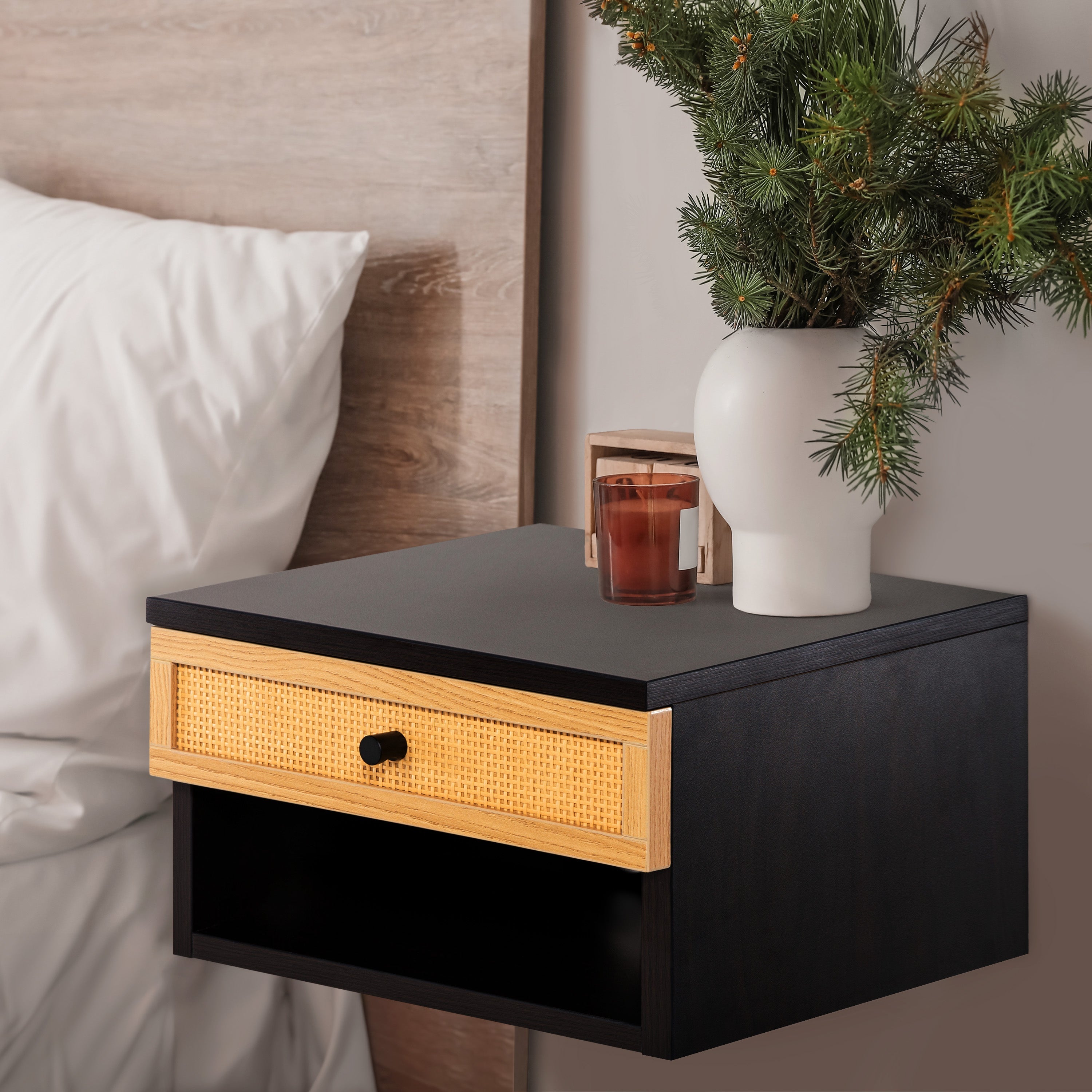 Celerie Mid-Century Modern Floating Wall Mounted Nightstand with Soft-Close Rattan Drawer and Cable Hole