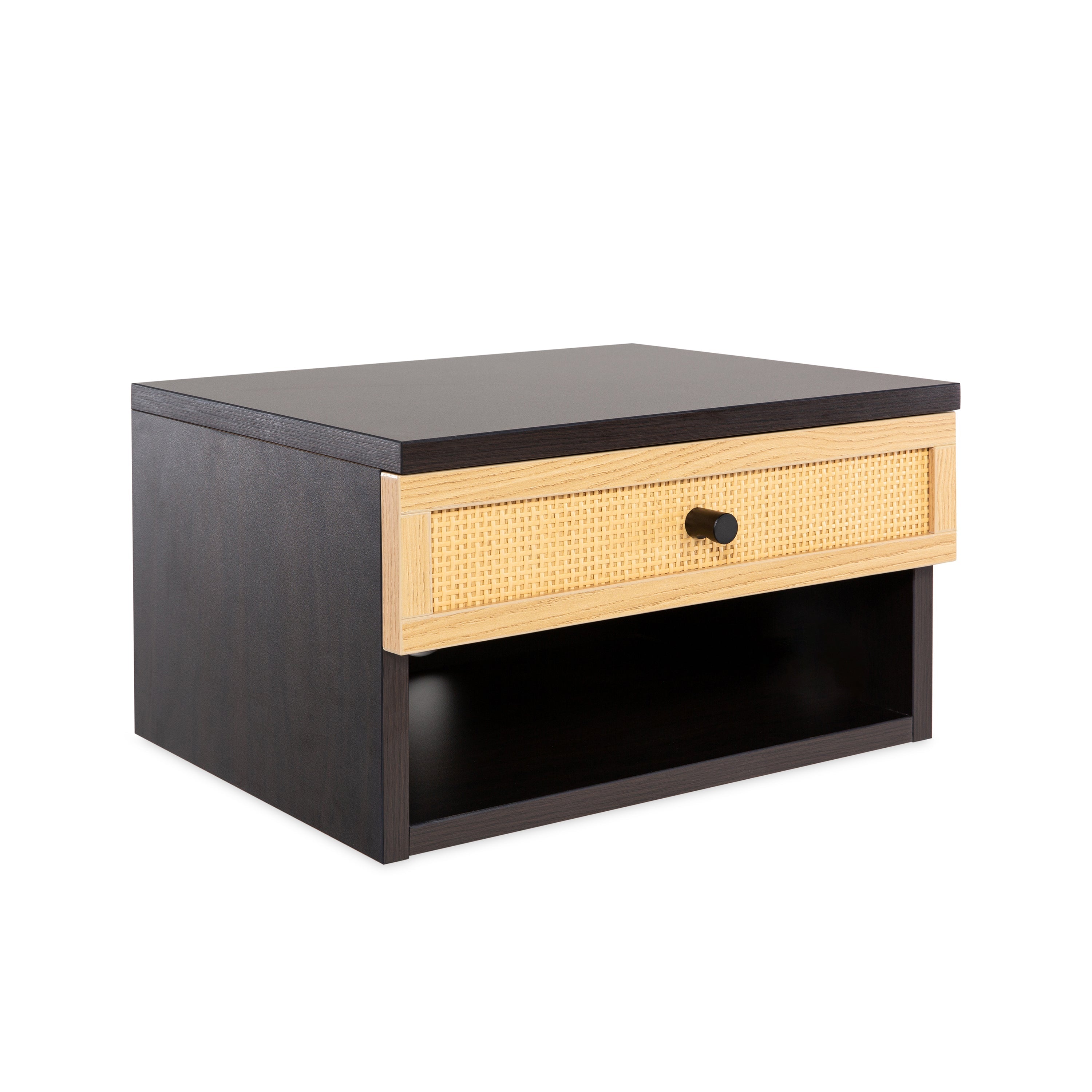 Celerie Mid-Century Modern Floating Wall Mounted Nightstand with Soft-Close Rattan Drawer and Cable Hole