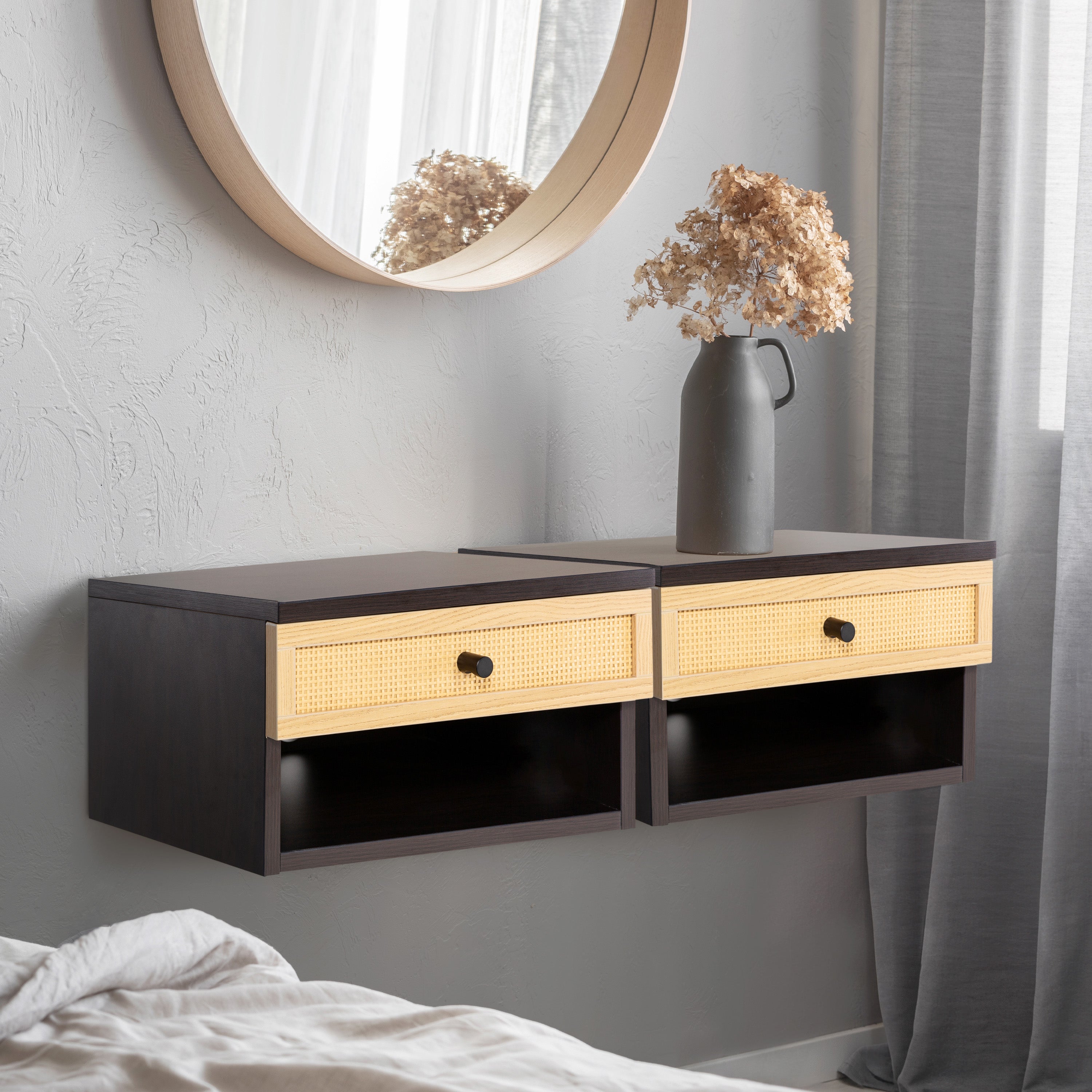 Celerie Mid-Century Modern Floating Wall Mounted Nightstand with Soft-Close Rattan Drawer and Cable Hole