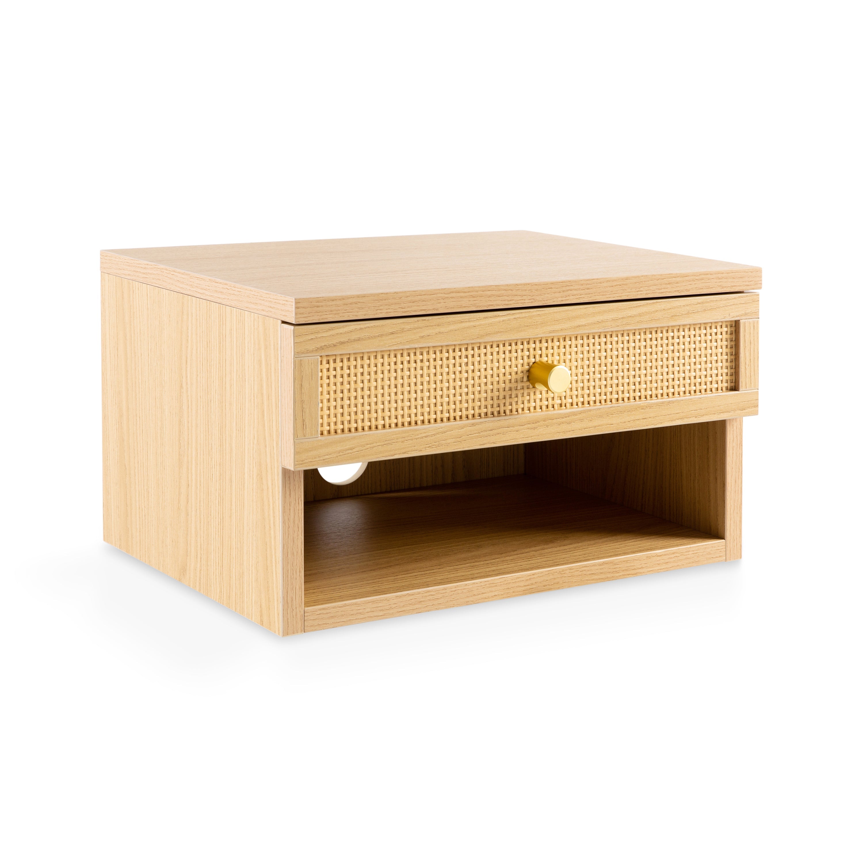 Celerie Mid-Century Modern Floating Wall Mounted Nightstand with Soft-Close Rattan Drawer and Cable Hole