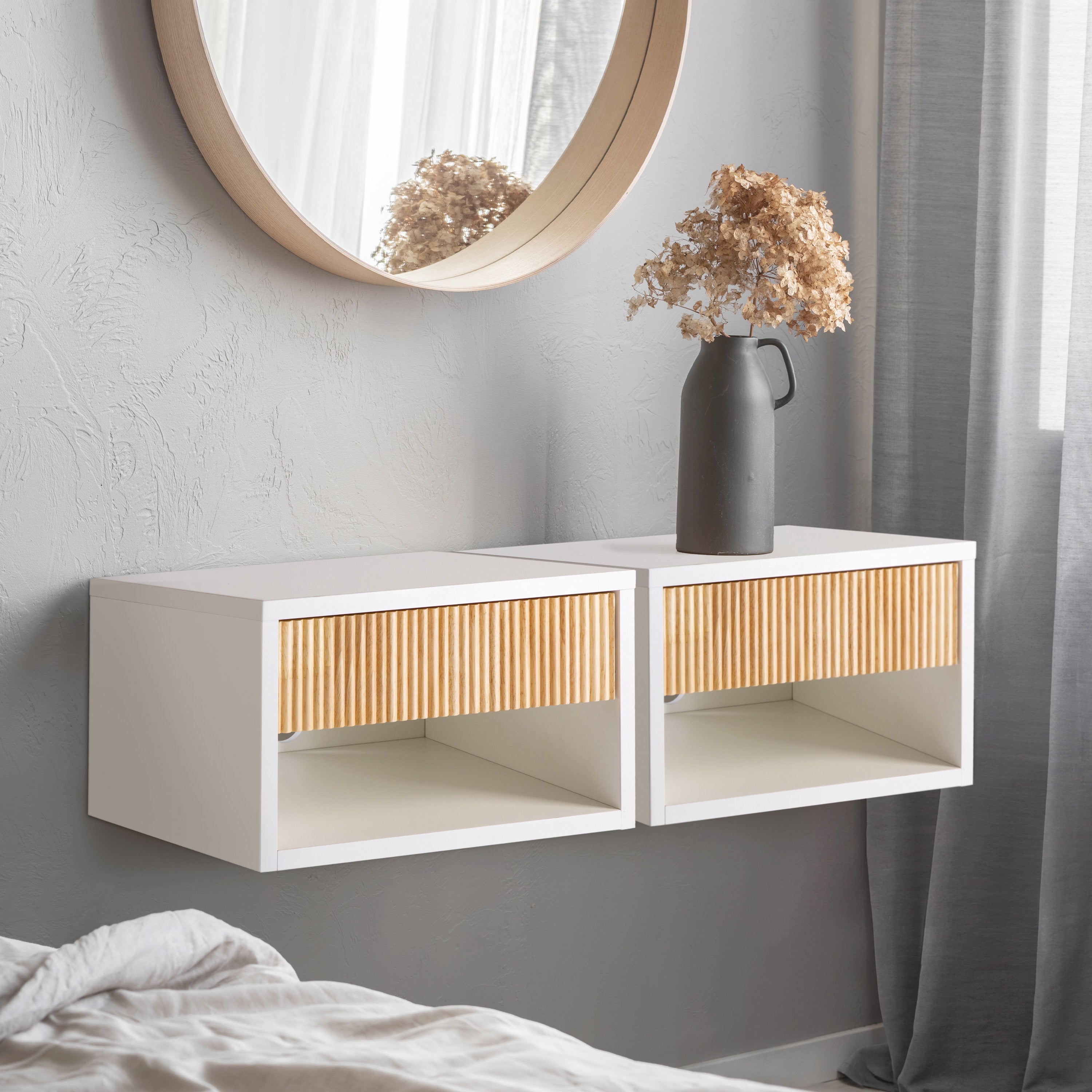 Elise Classic Contemporary Floating Wall Mounted Nightstand with Soft-Close Tambour Drawer and Cable Hole