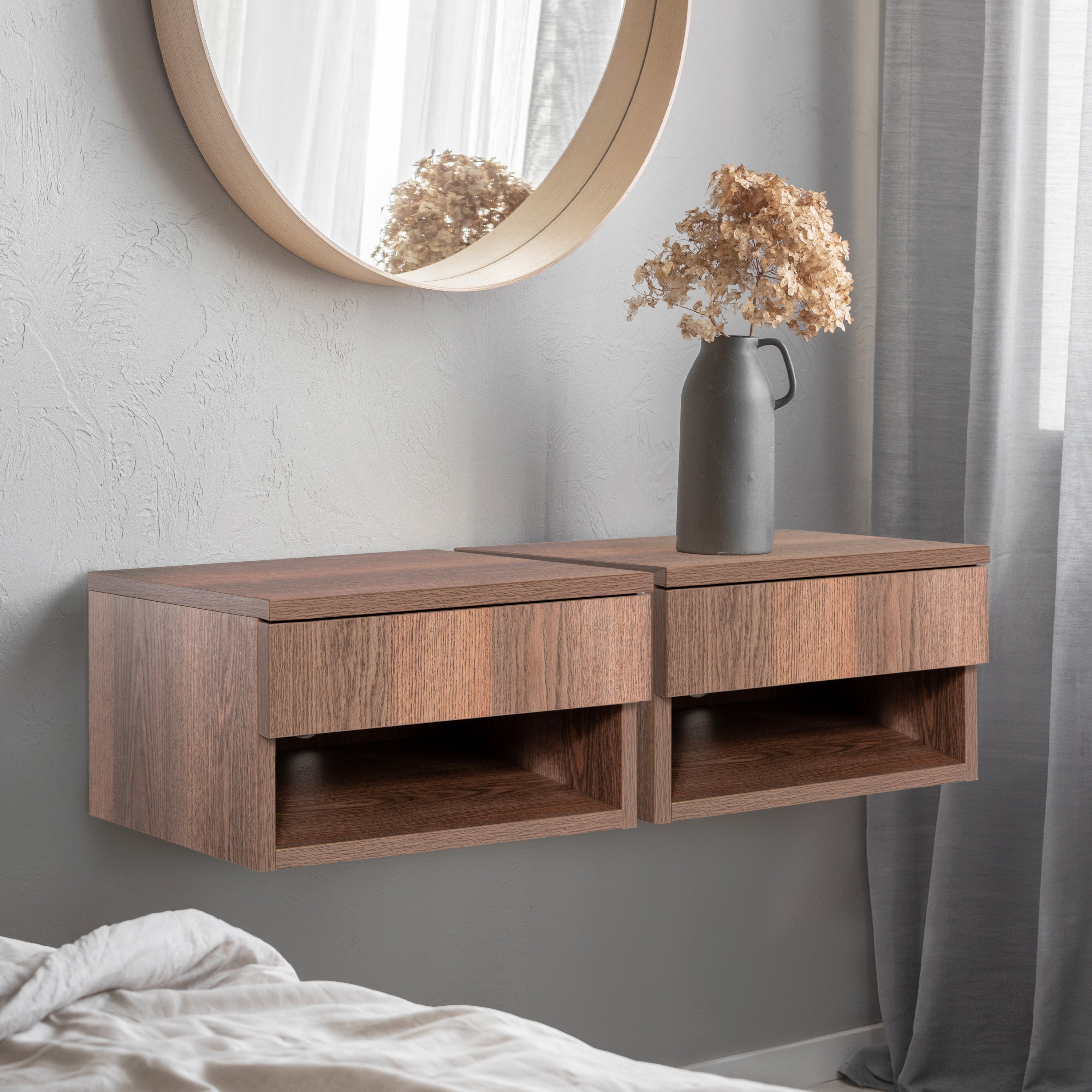 Ettore Mid-Century Modern Floating Wall Mounted Nightstand with Soft-Close Drawer and Cable Hole