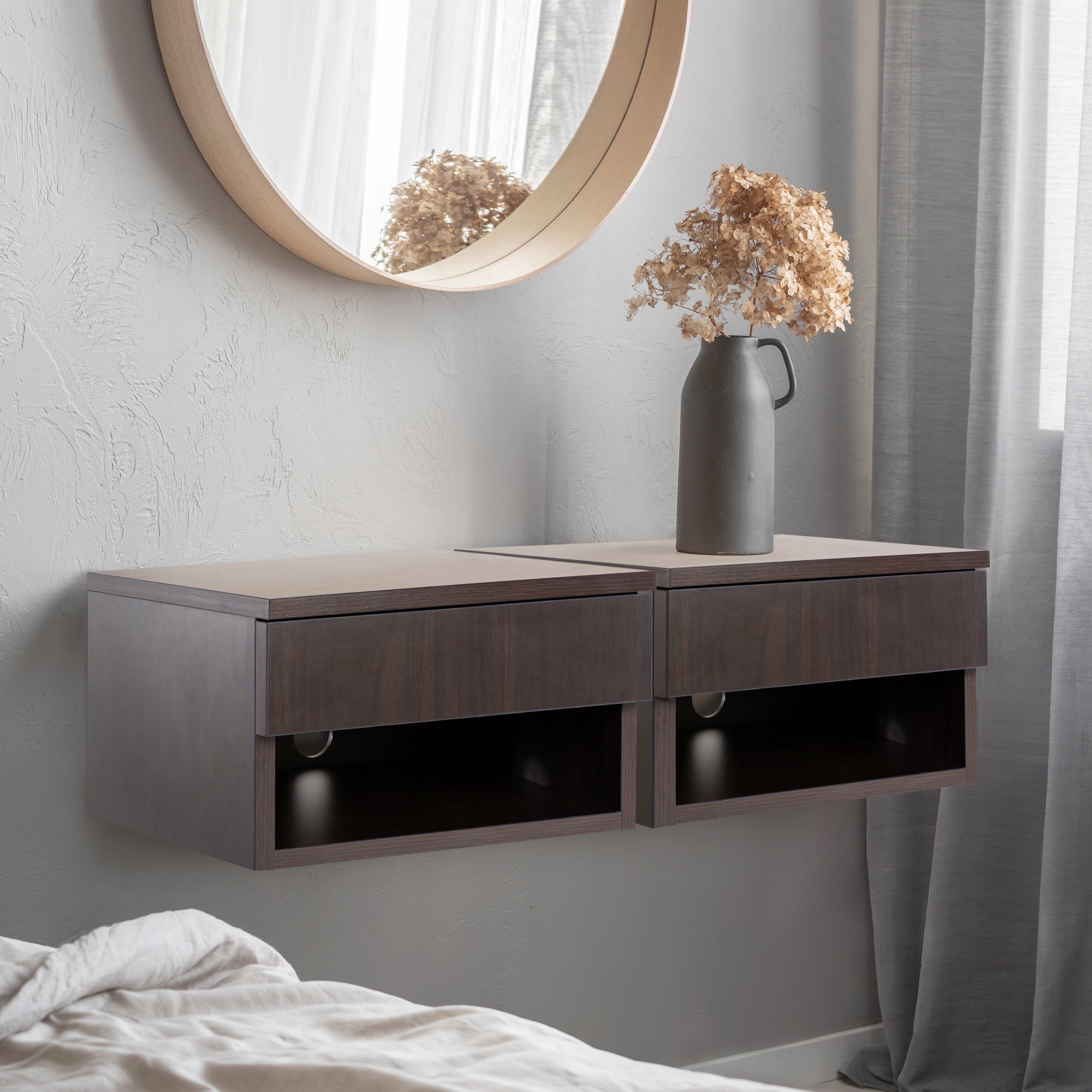 Ettore Mid-Century Modern Floating Wall Mounted Nightstand with Soft-Close Drawer and Cable Hole