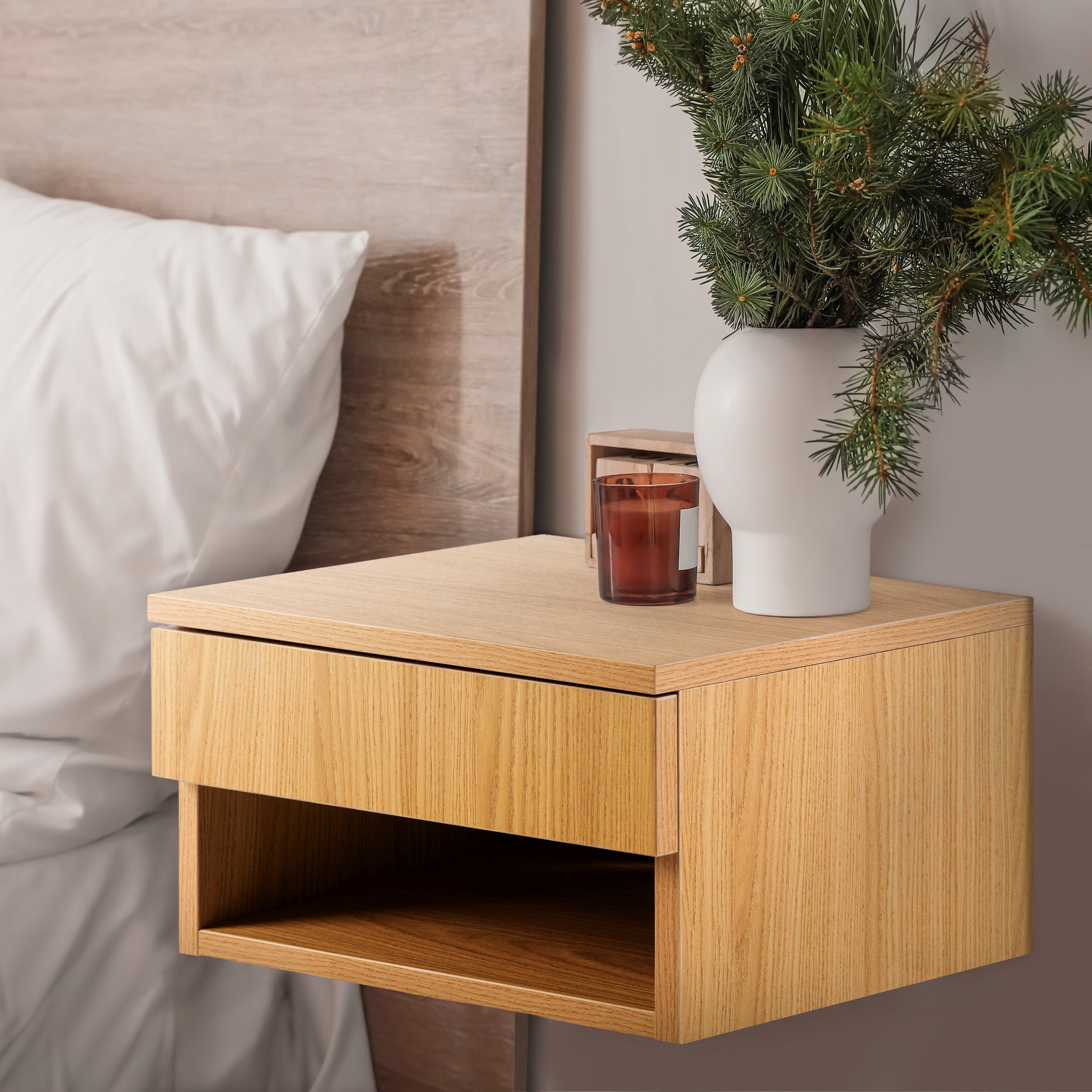 Ettore Mid-Century Modern Floating Wall Mounted Nightstand with Soft-Close Drawer and Cable Hole