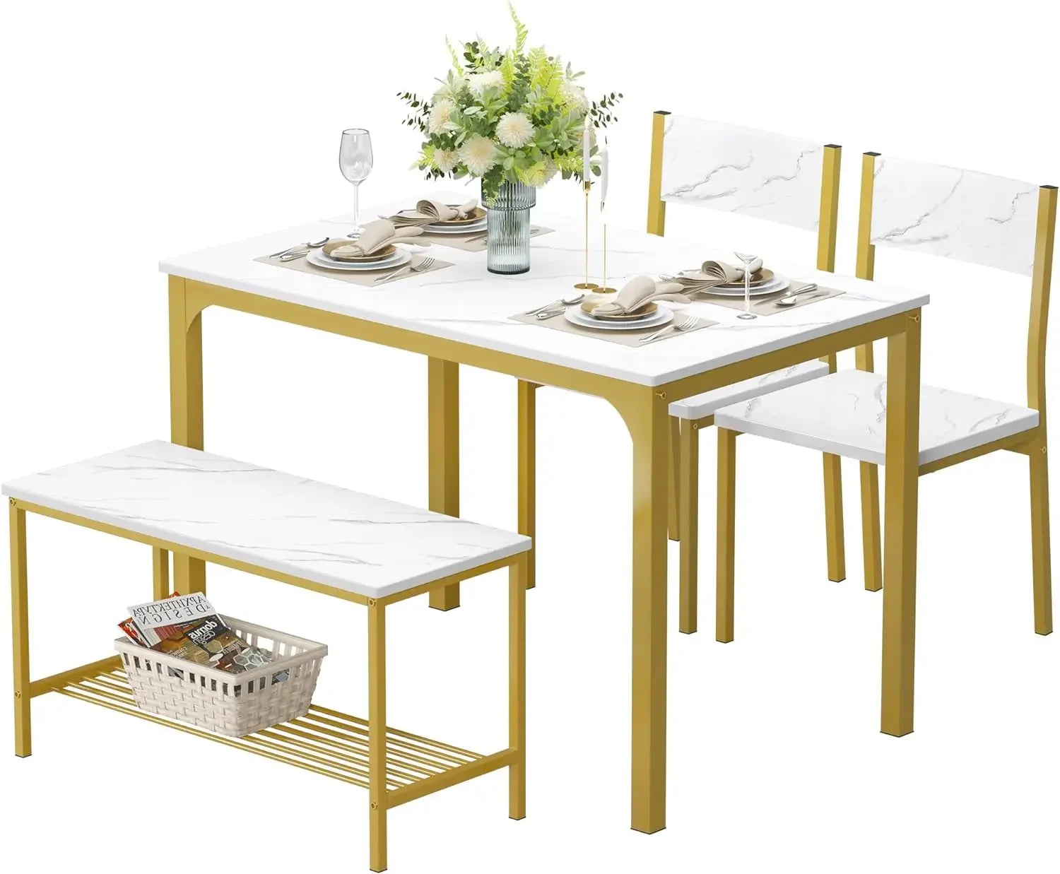 Dining Table Set for 4 with Chairs & Bench, 4-Piece