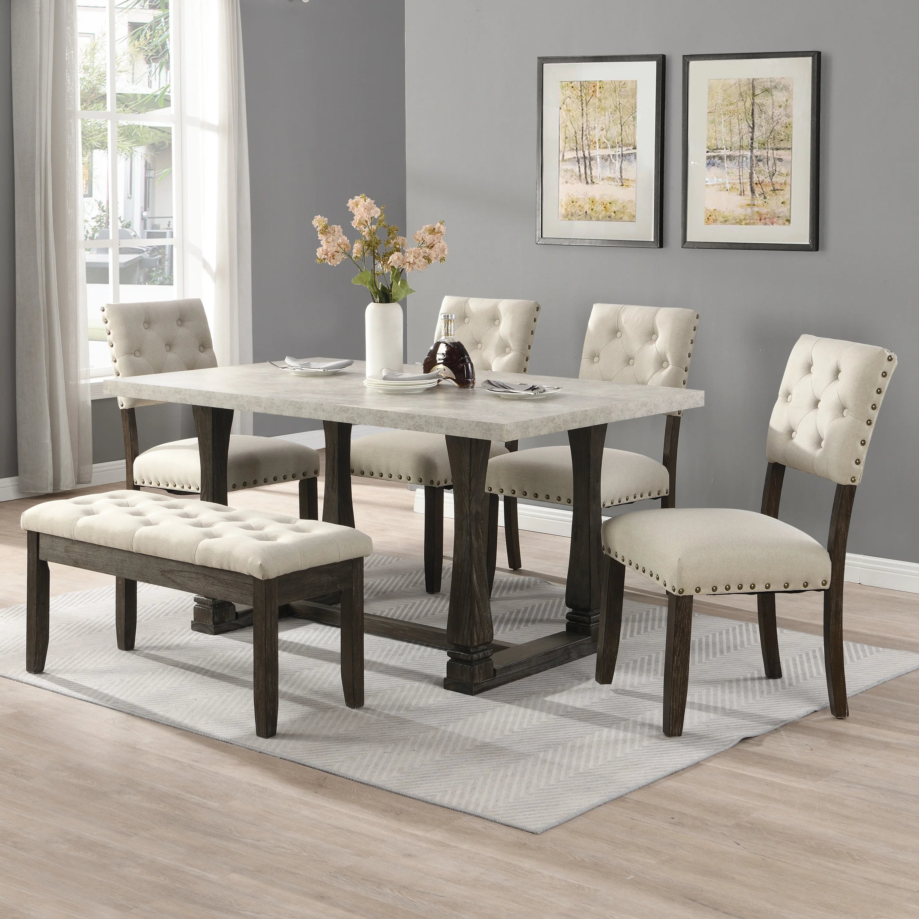 Button Tufted Upholstered Dining Bench & 60" Table Set
