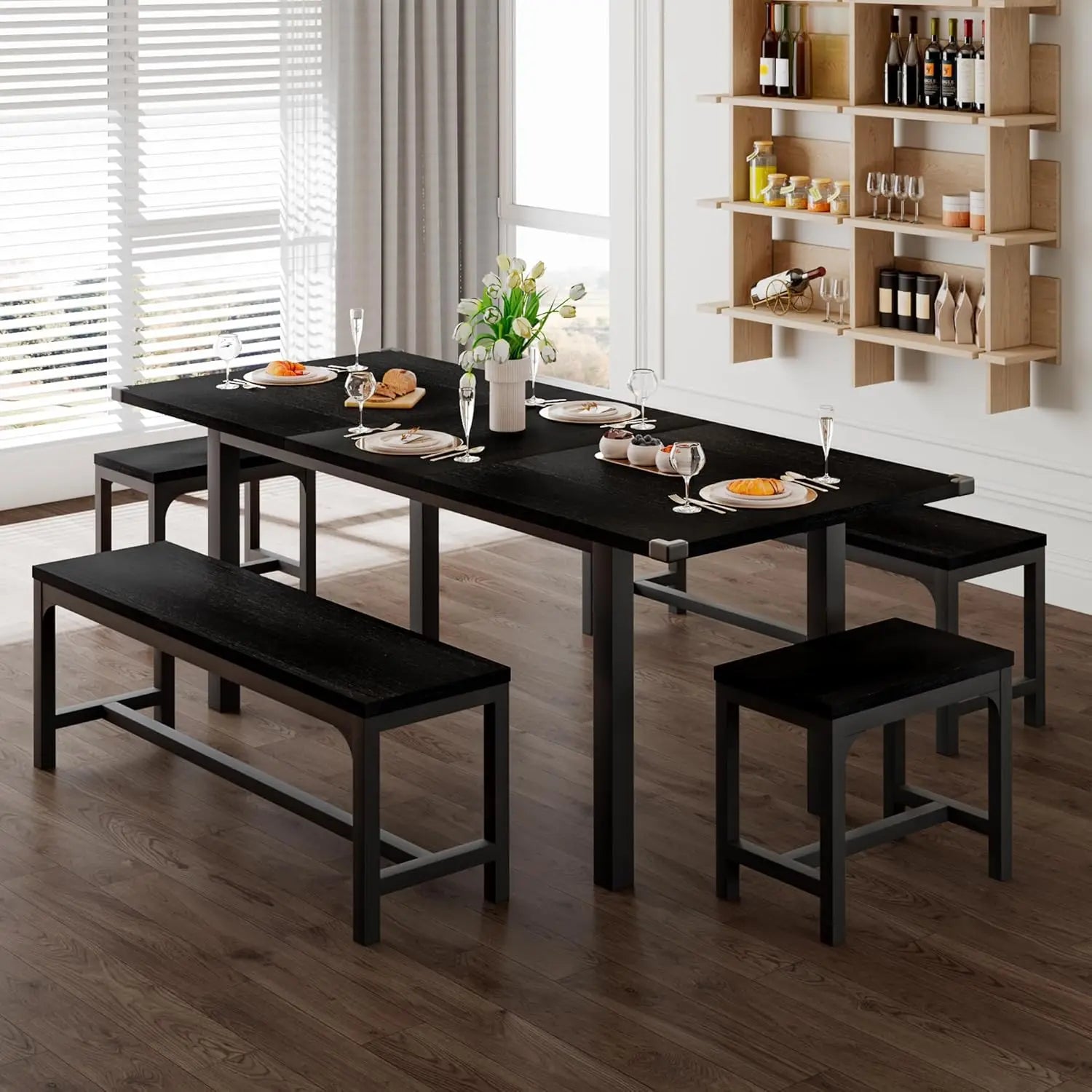 Extendable Dining Table Set with Benches & Stools