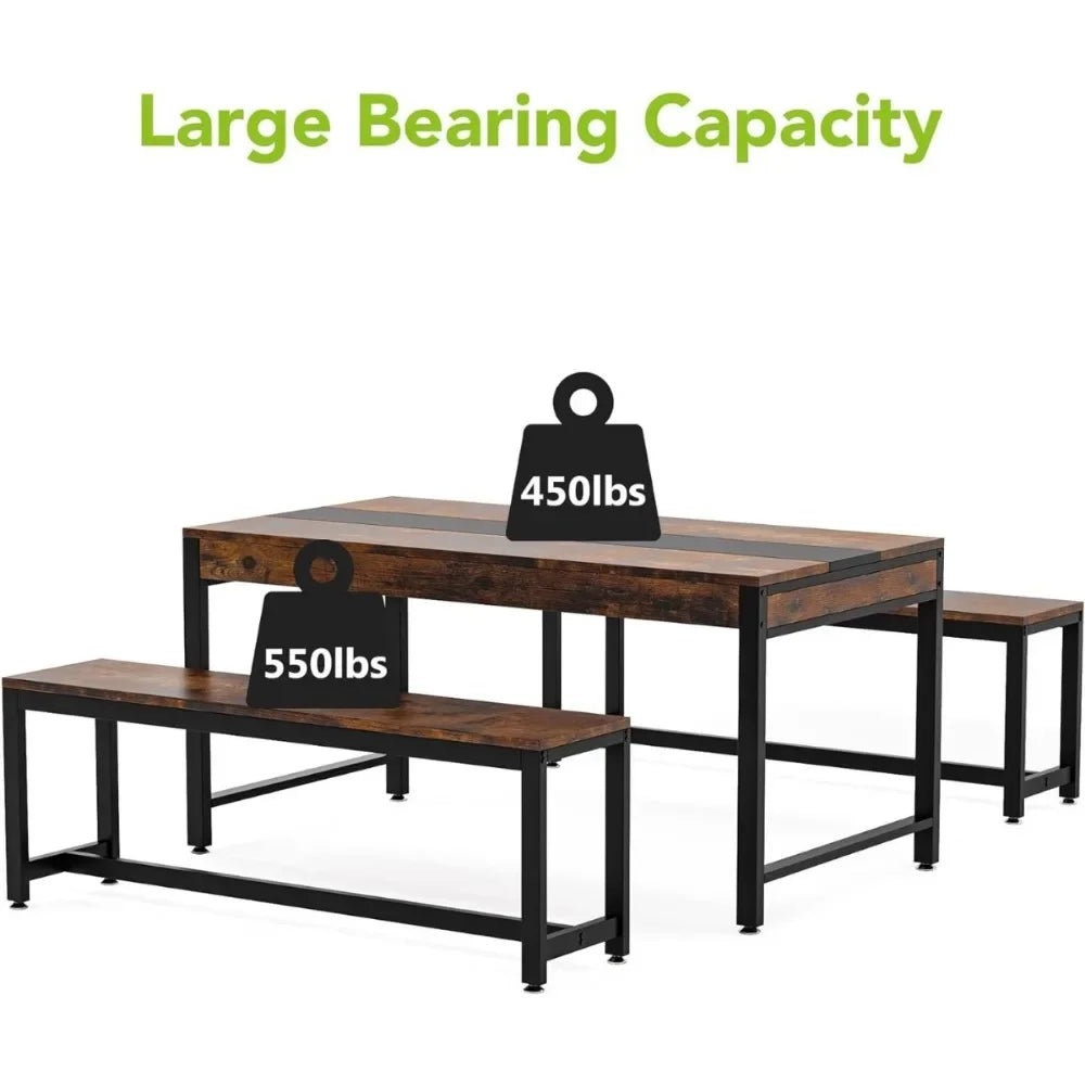 Large Dining Table Set with 2 Benches & Drawer