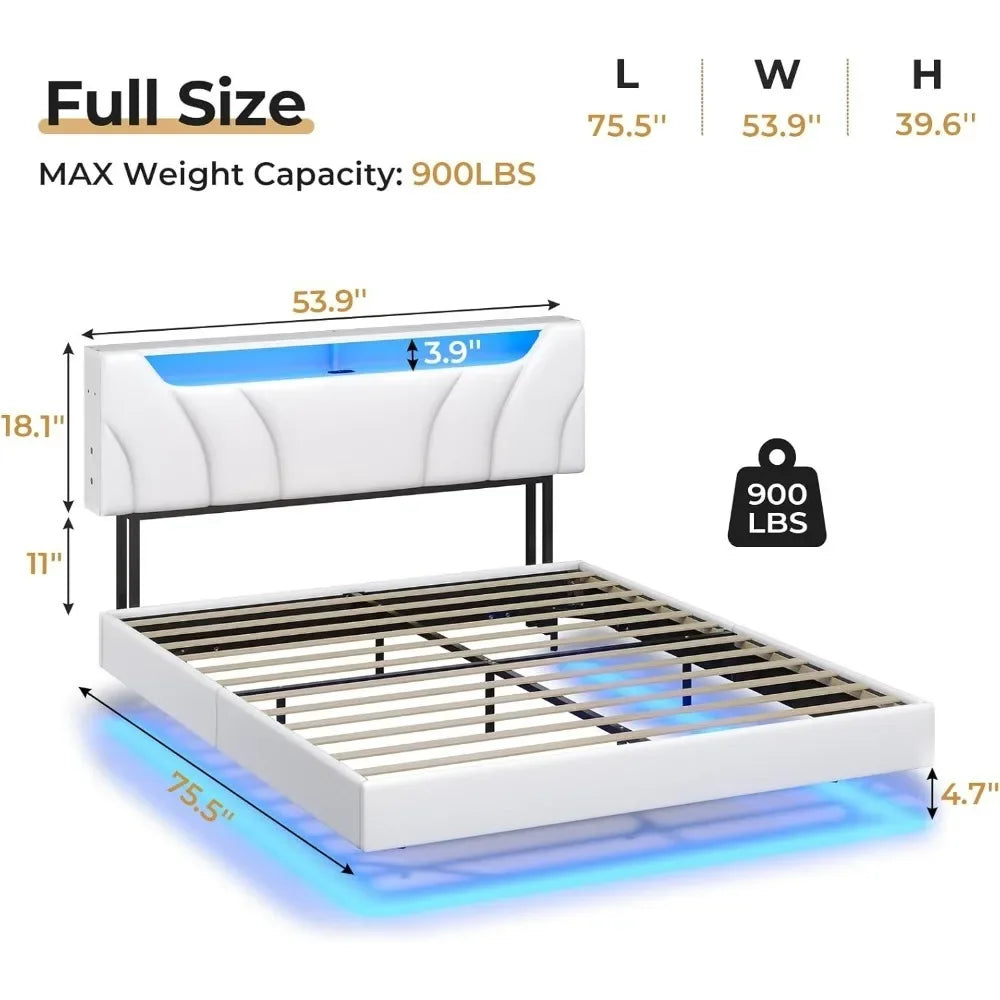 Floating Full Bed Frame with LED, USB & Type-C Ports