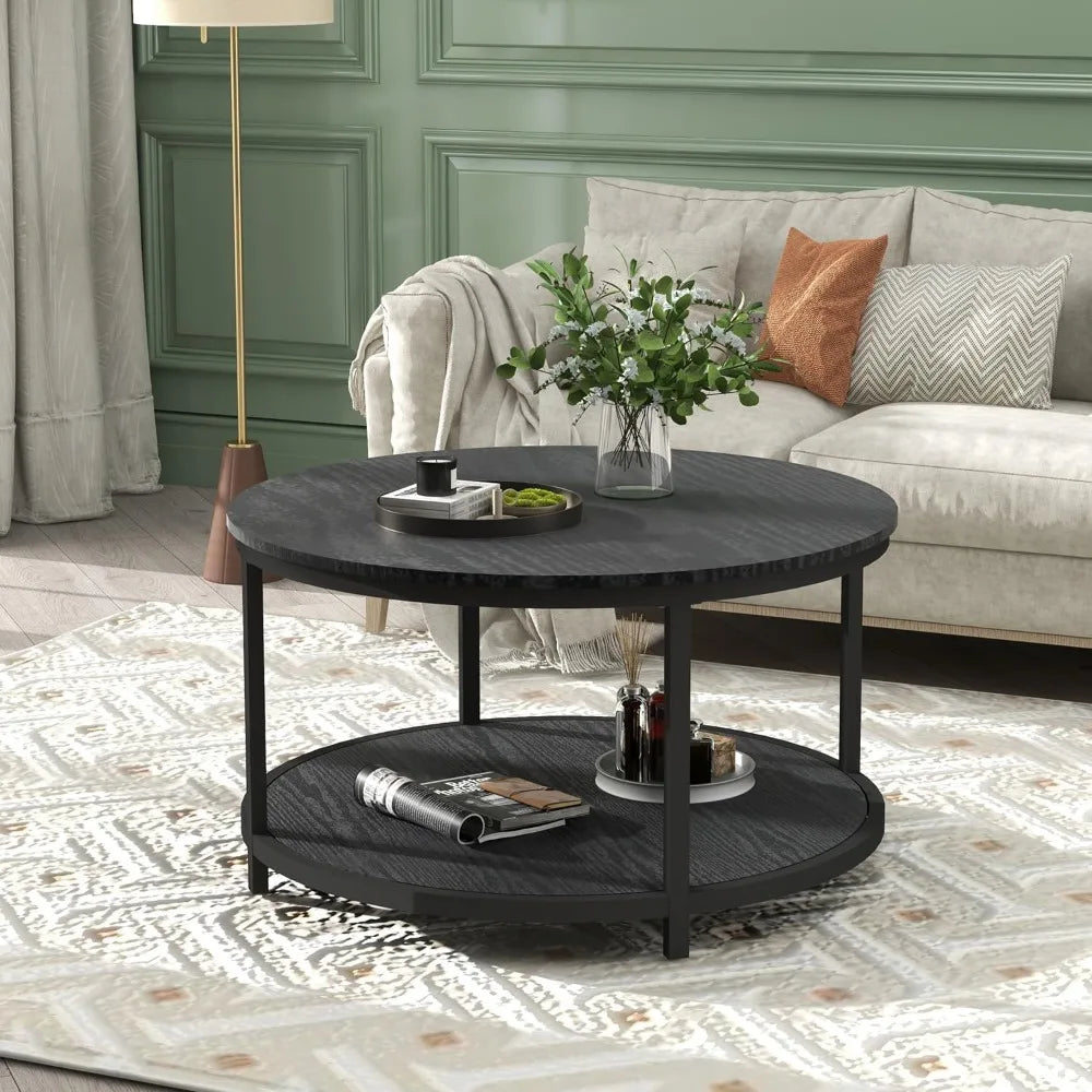 RustiTier 33.5" Round Coffee Table with Open Shelf