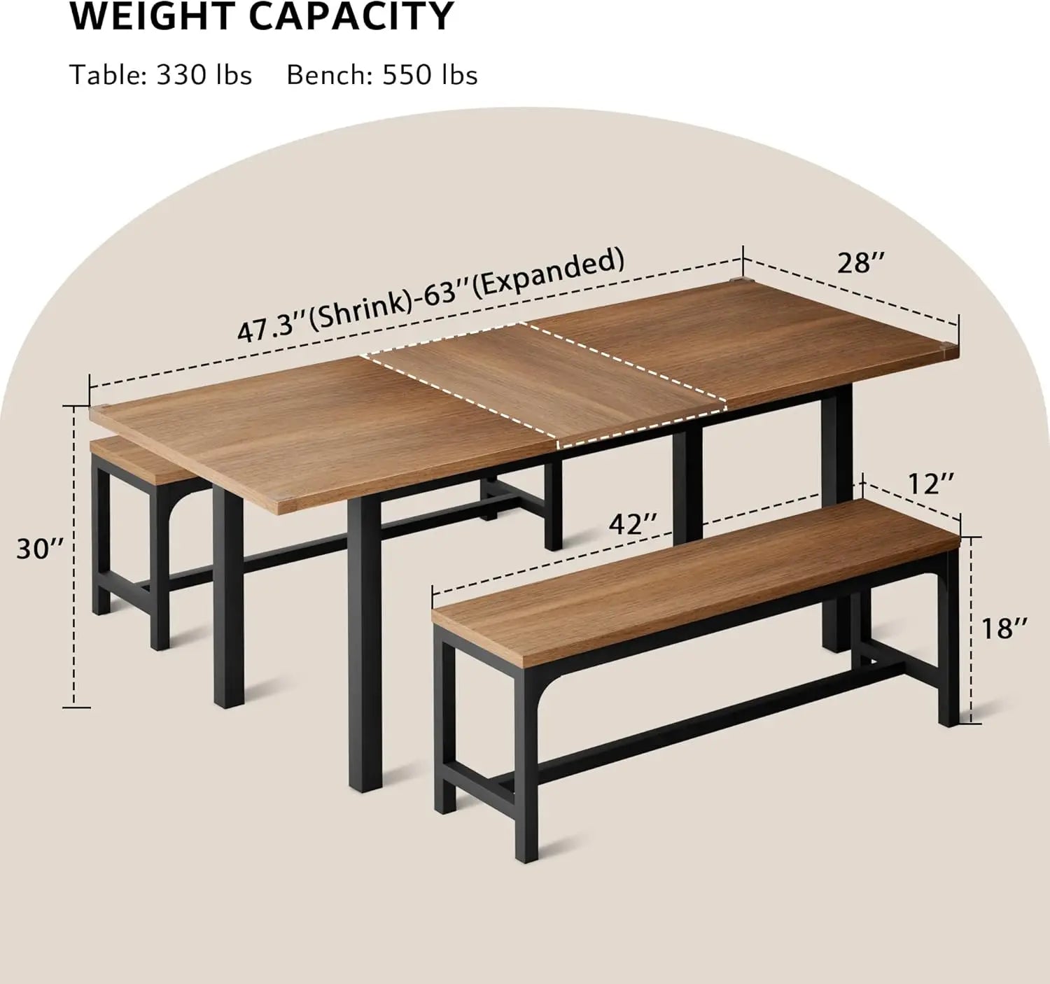 Extendable Dining Table Set for 4-6 with 2 Benches