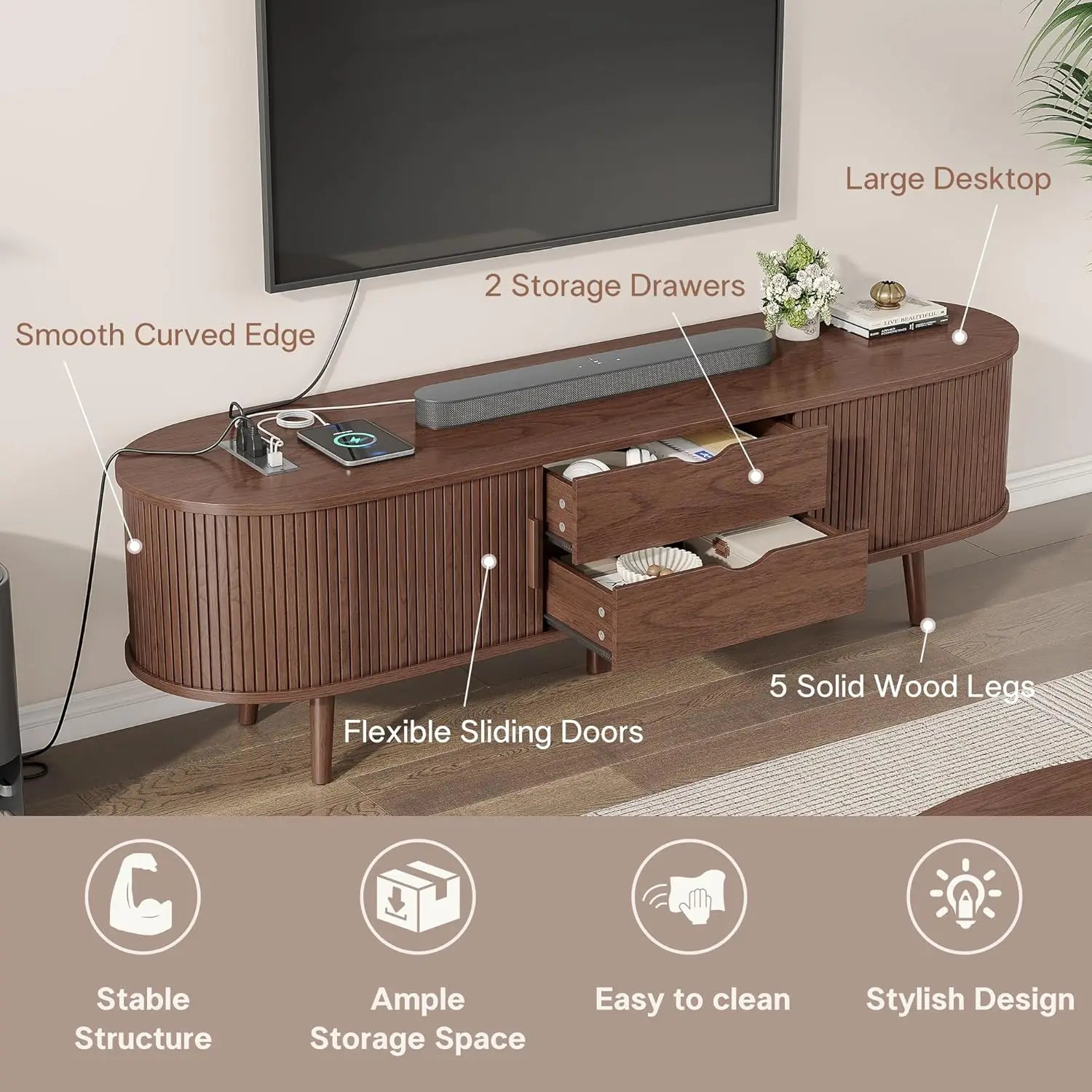 Mid-Century TV Stand with Charging Station & Storage