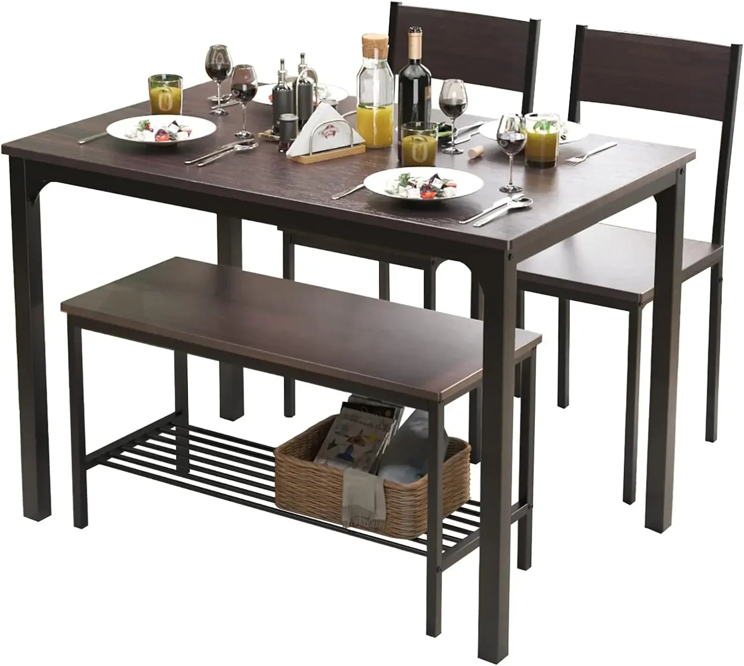 Dining Table Set for 4 with Chairs & Bench, 4-Piece