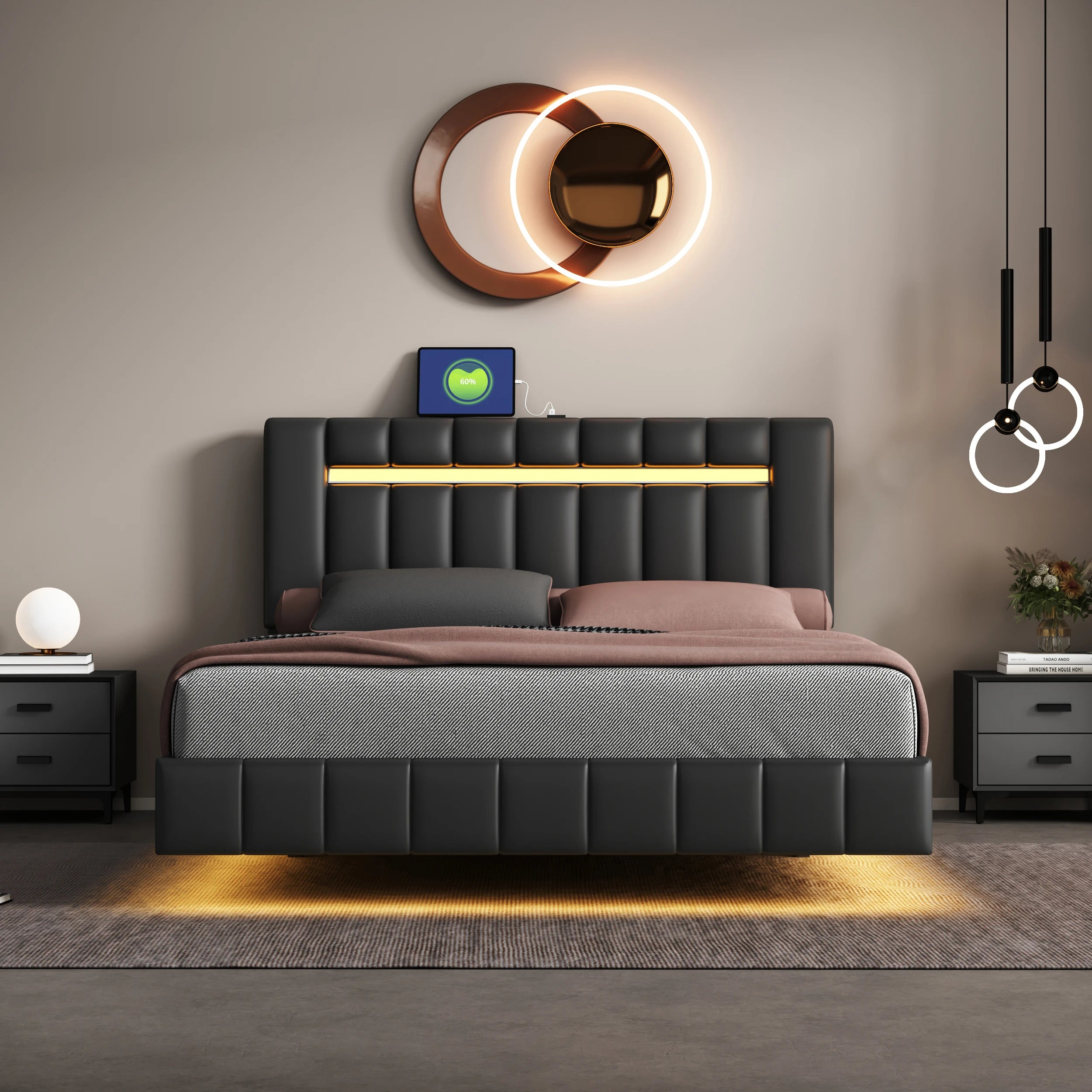 Floating Bed Frame with LED Lights & USB Charging - Queen/Full