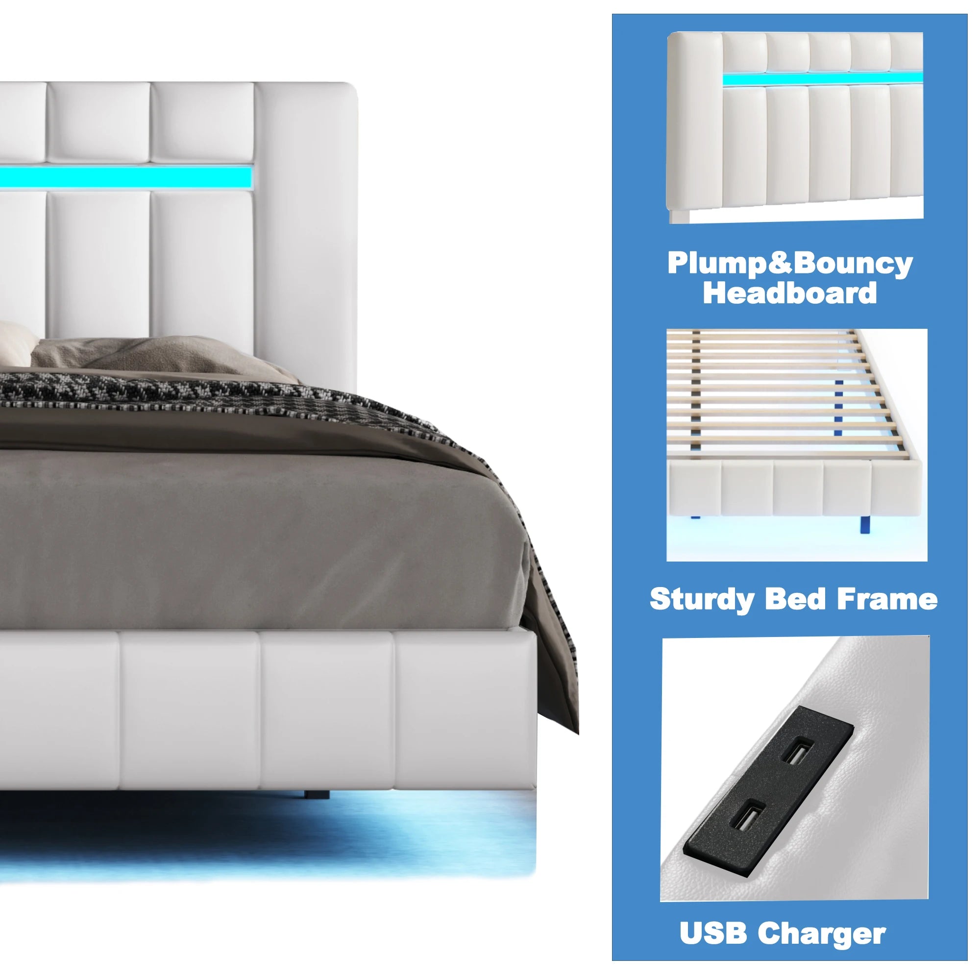 Floating Bed Frame with LED Lights & USB Charging - Queen/Full
