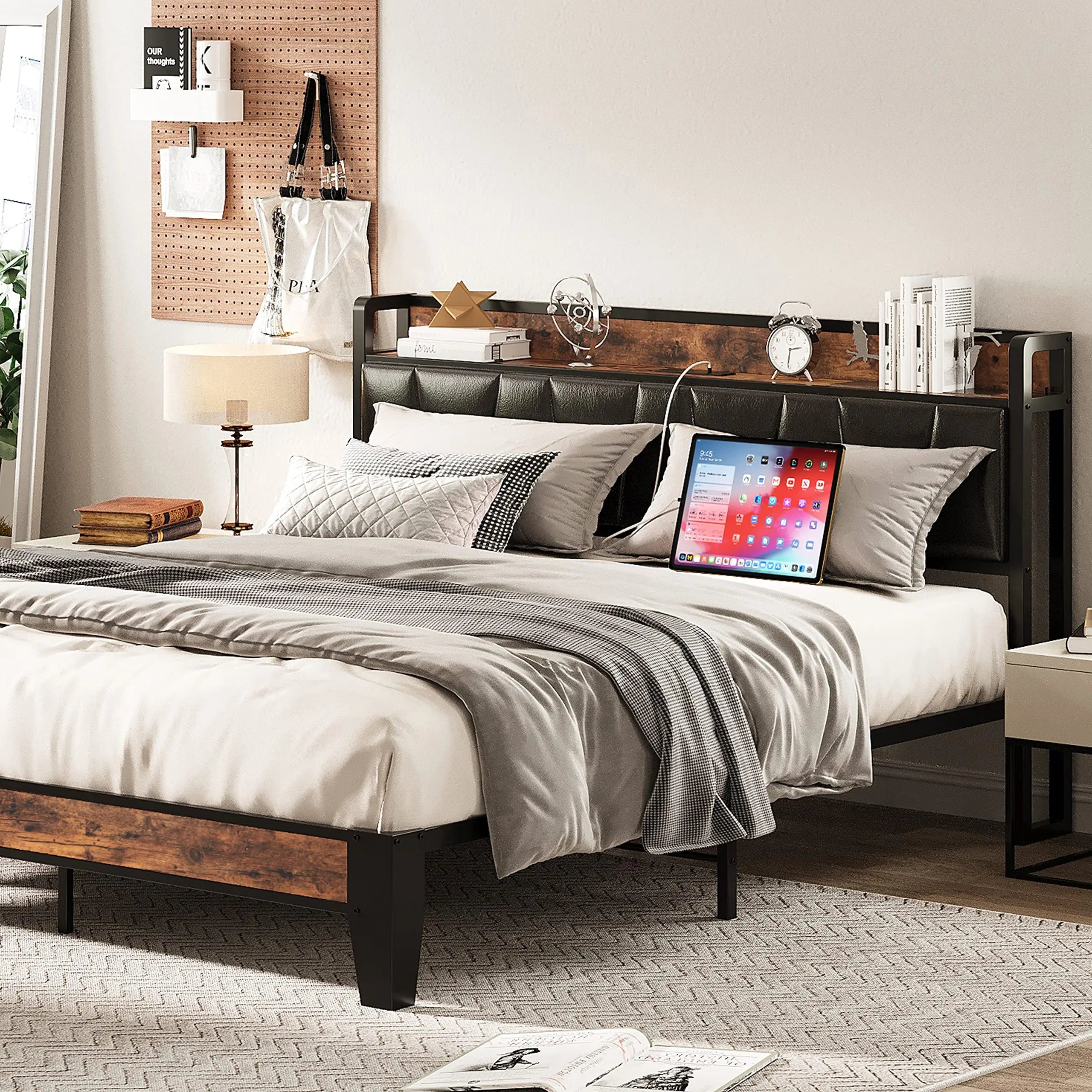 Floating Bed Frame with Storage Headboard & Charging Port