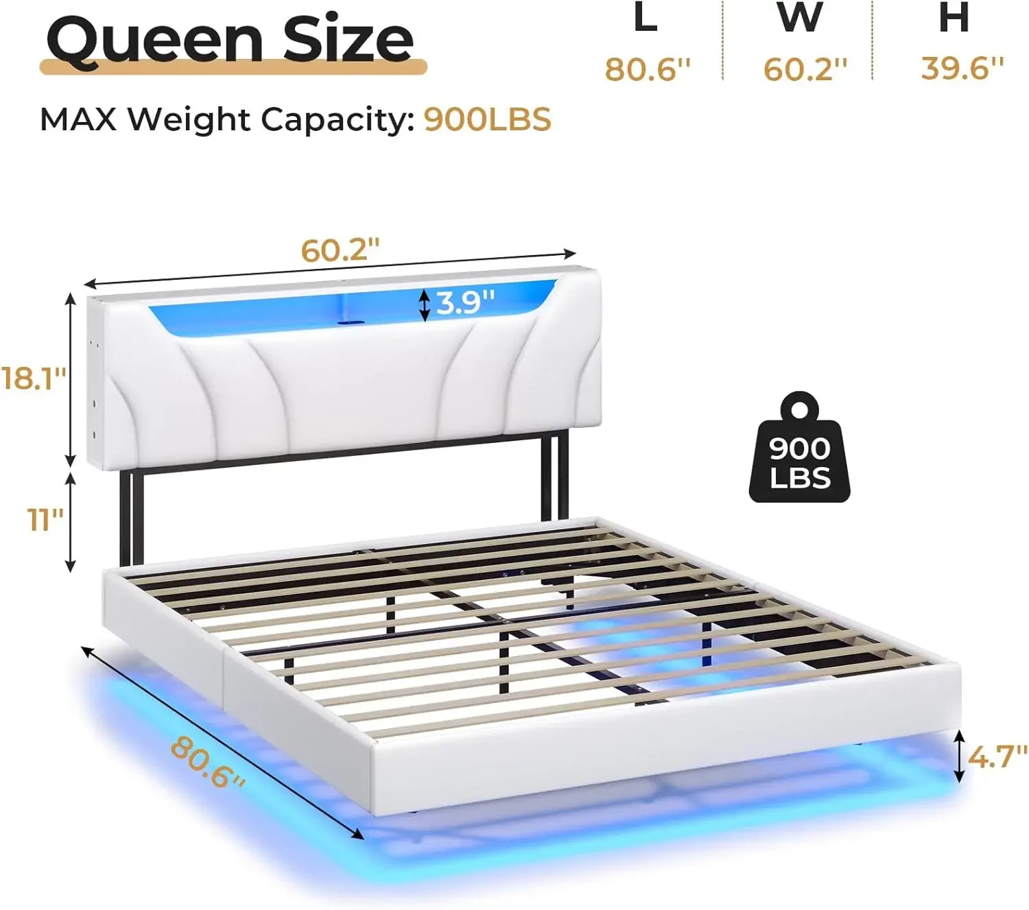 Floating Full Bed Frame with LED, USB & Type-C Ports