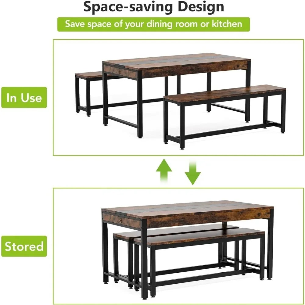 Large Dining Table Set with 2 Benches & Drawer