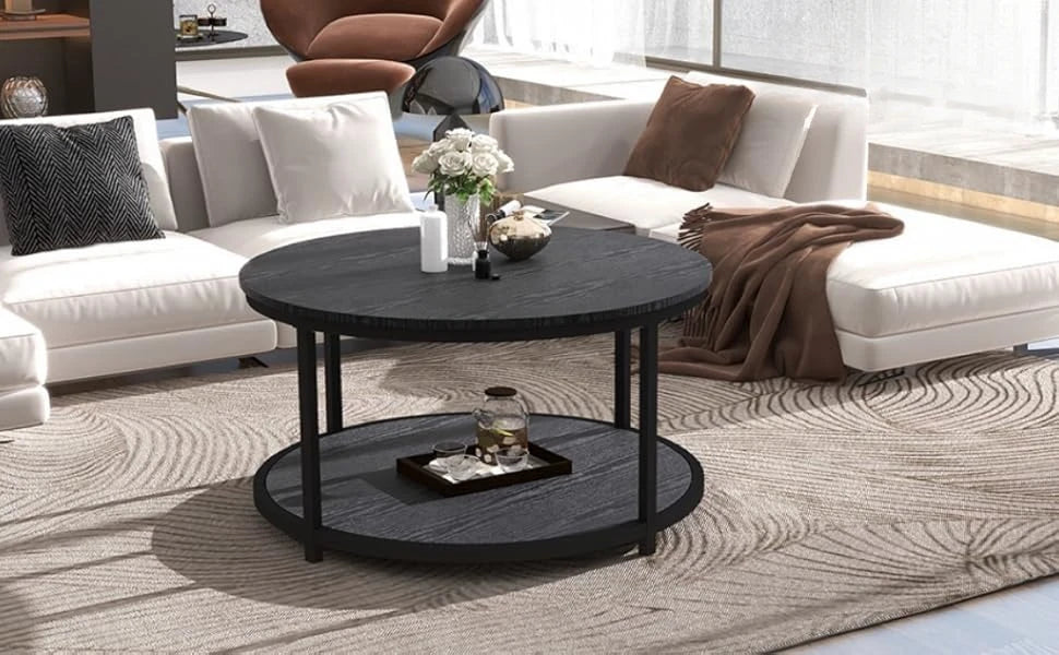RustiTier 33.5" Round Coffee Table with Open Shelf