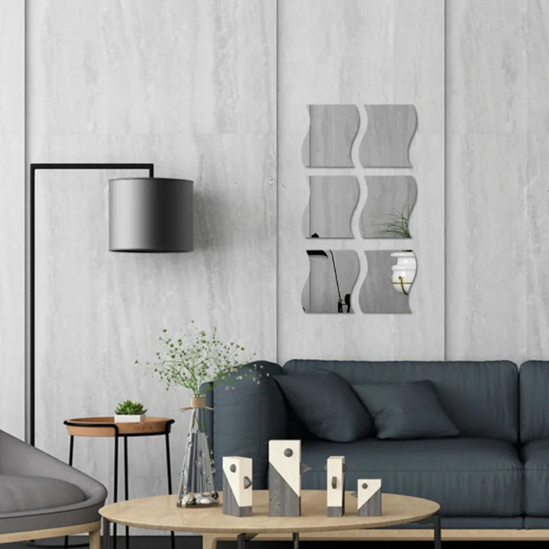 6pcs 3D Wave Square Mirror Wall Stickers for Home Decor