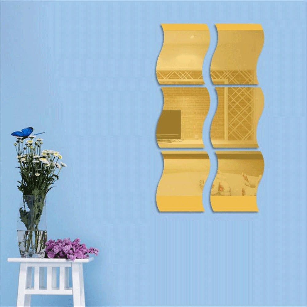 6pcs 3D Wave Square Mirror Wall Stickers for Home Decor