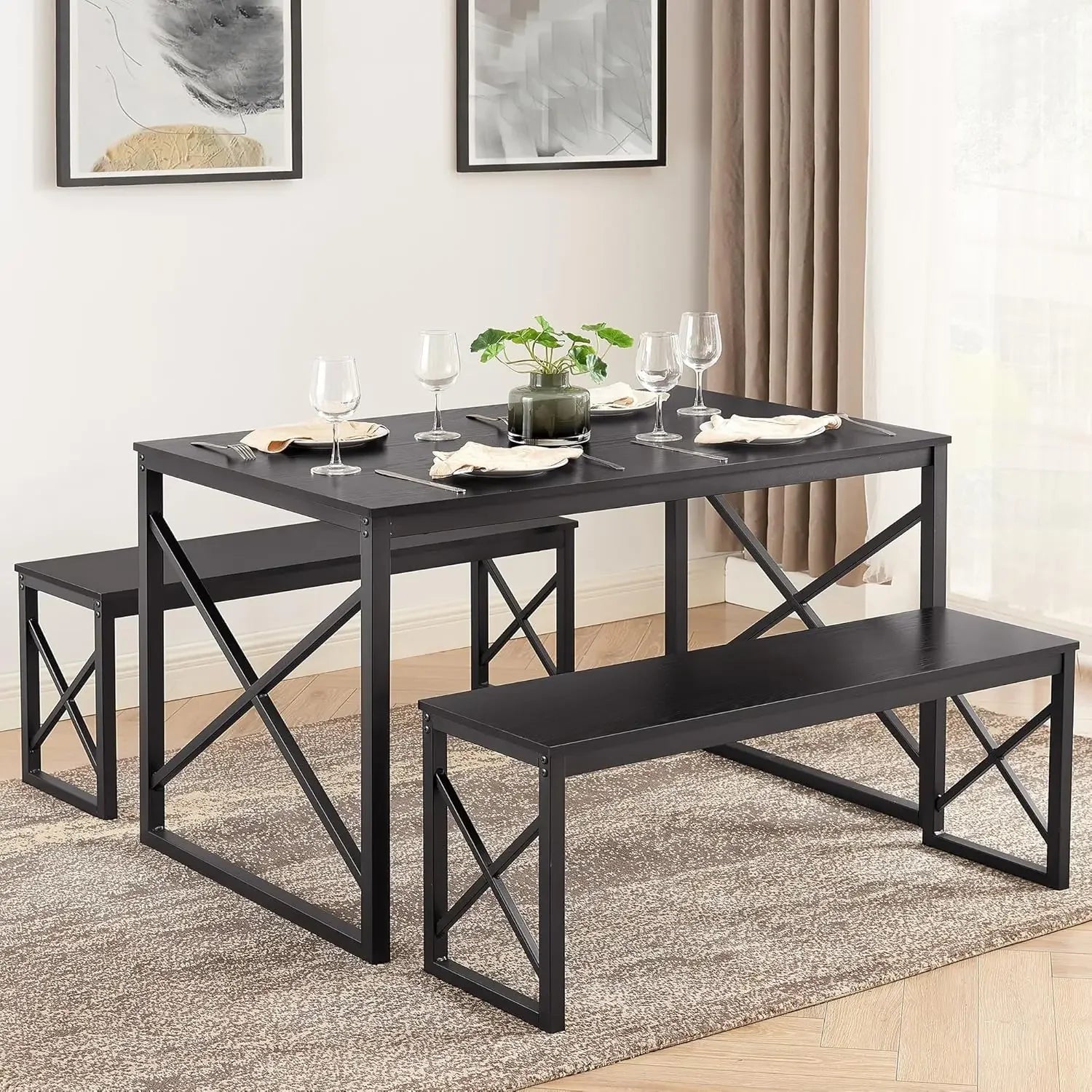 Kitchen Table with 2 Benches, Small Space Dining Set