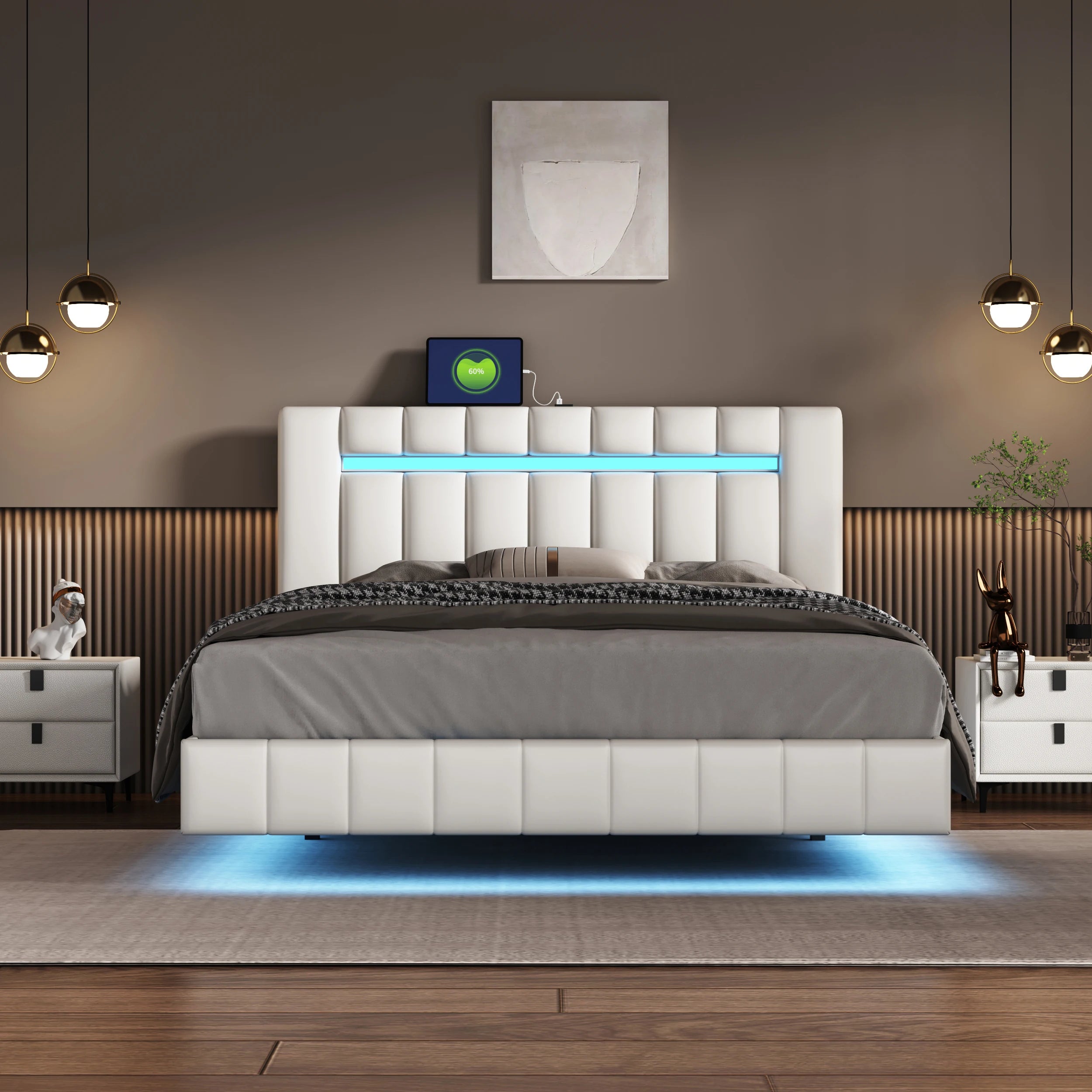Floating Bed Frame with LED Lights & USB Charging - Queen/Full