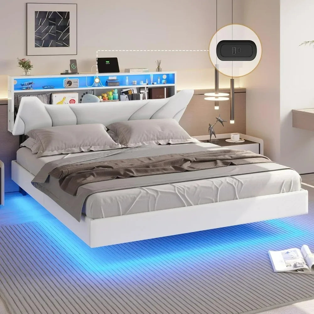 Floating Full Bed Frame with LED, USB & Type-C Ports