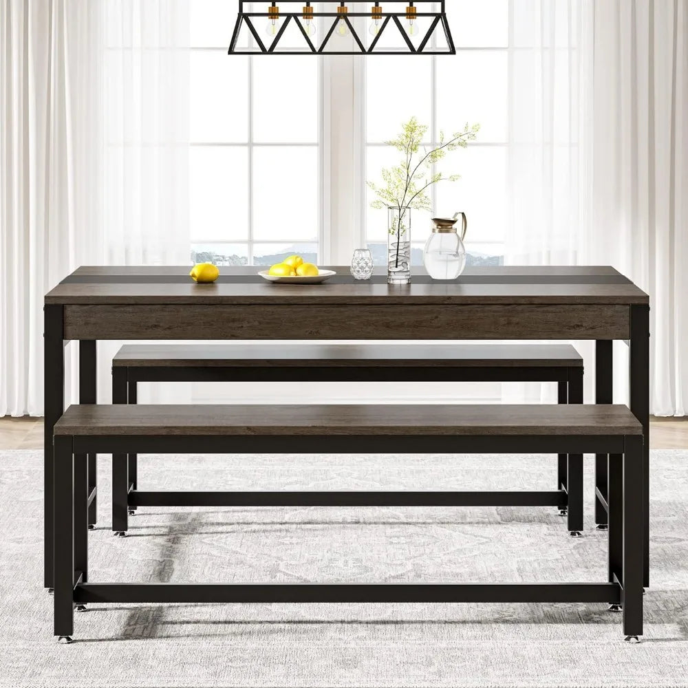 Large Dining Table Set with 2 Benches & Drawer