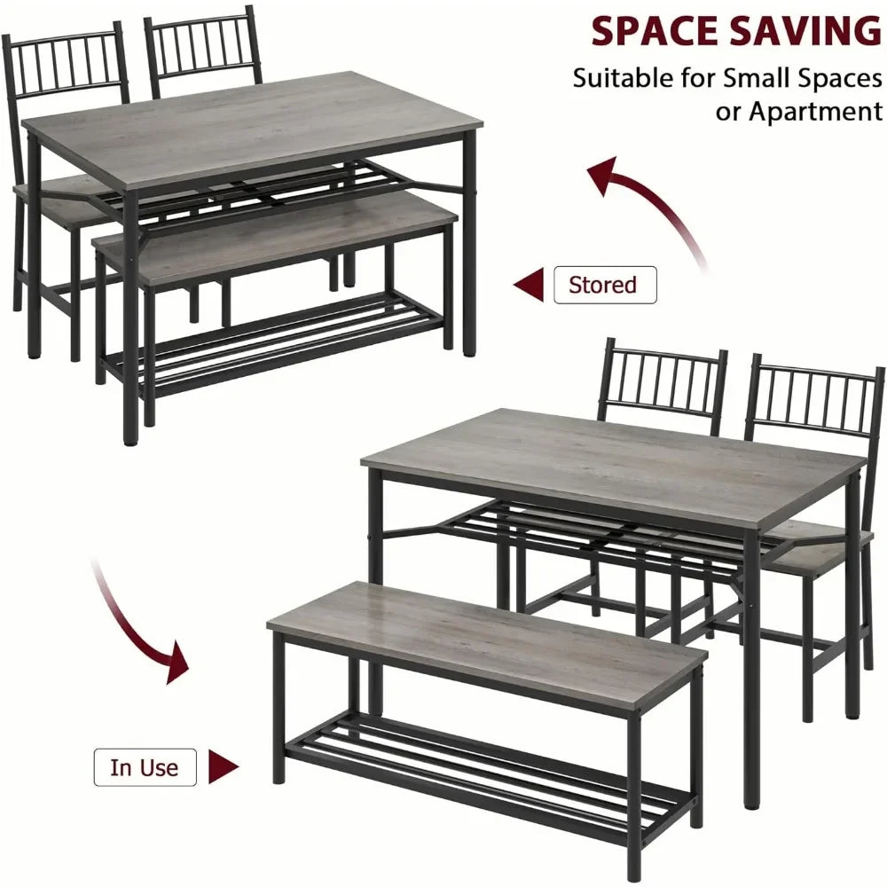 Dining Table Set for 4 with Storage Bench & Wine Rack
