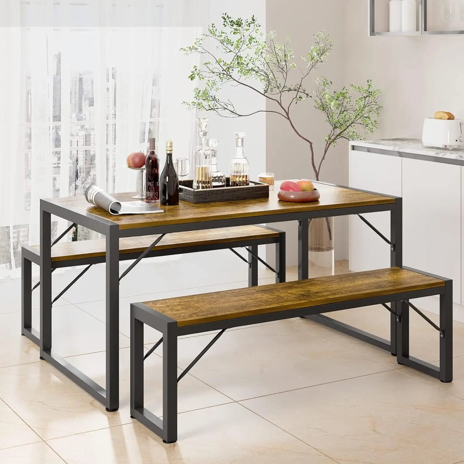 Space-Saving Dining Table Set with 2 Benches