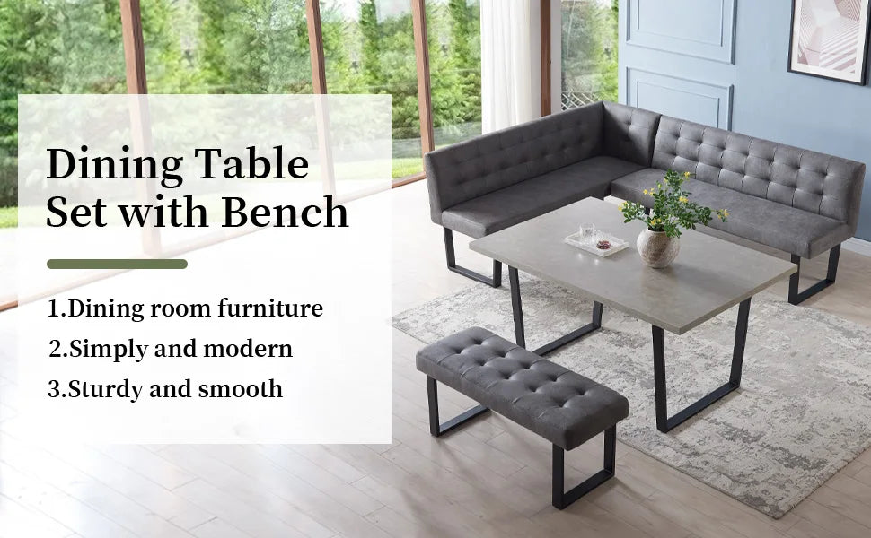 3 Piece Dining Table Set with Gray Bench, Modern Kitchen Table with Right Seat Corner Bench and Bench for Family Dining Room