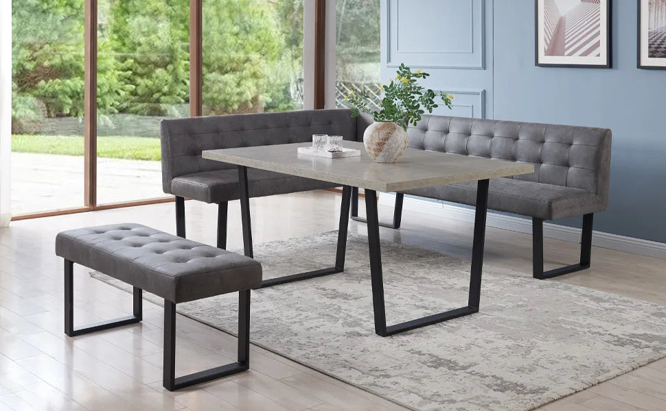 3 Piece Dining Table Set with Gray Bench, Modern Kitchen Table with Right Seat Corner Bench and Bench for Family Dining Room