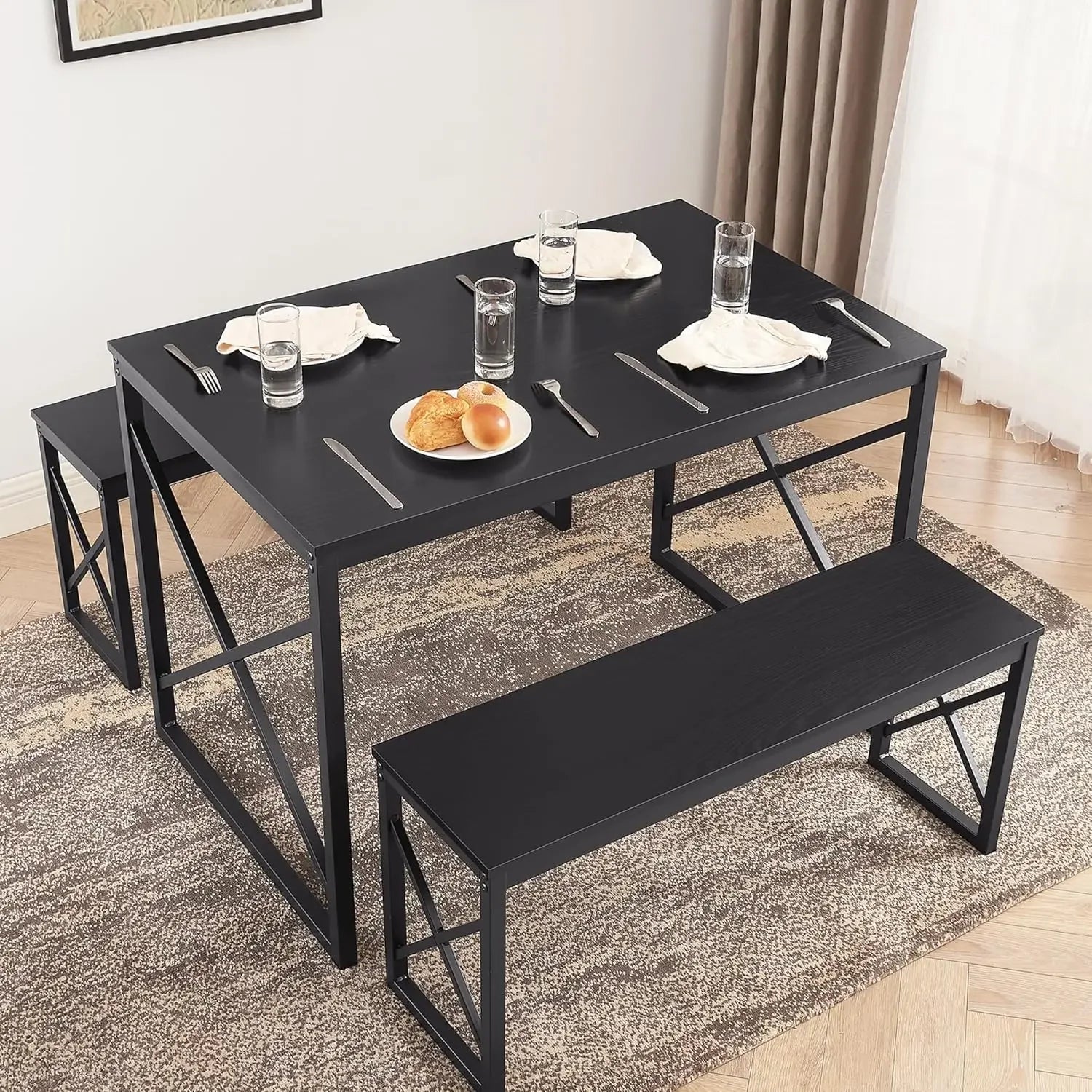 Kitchen Table with 2 Benches, Small Space Dining Set