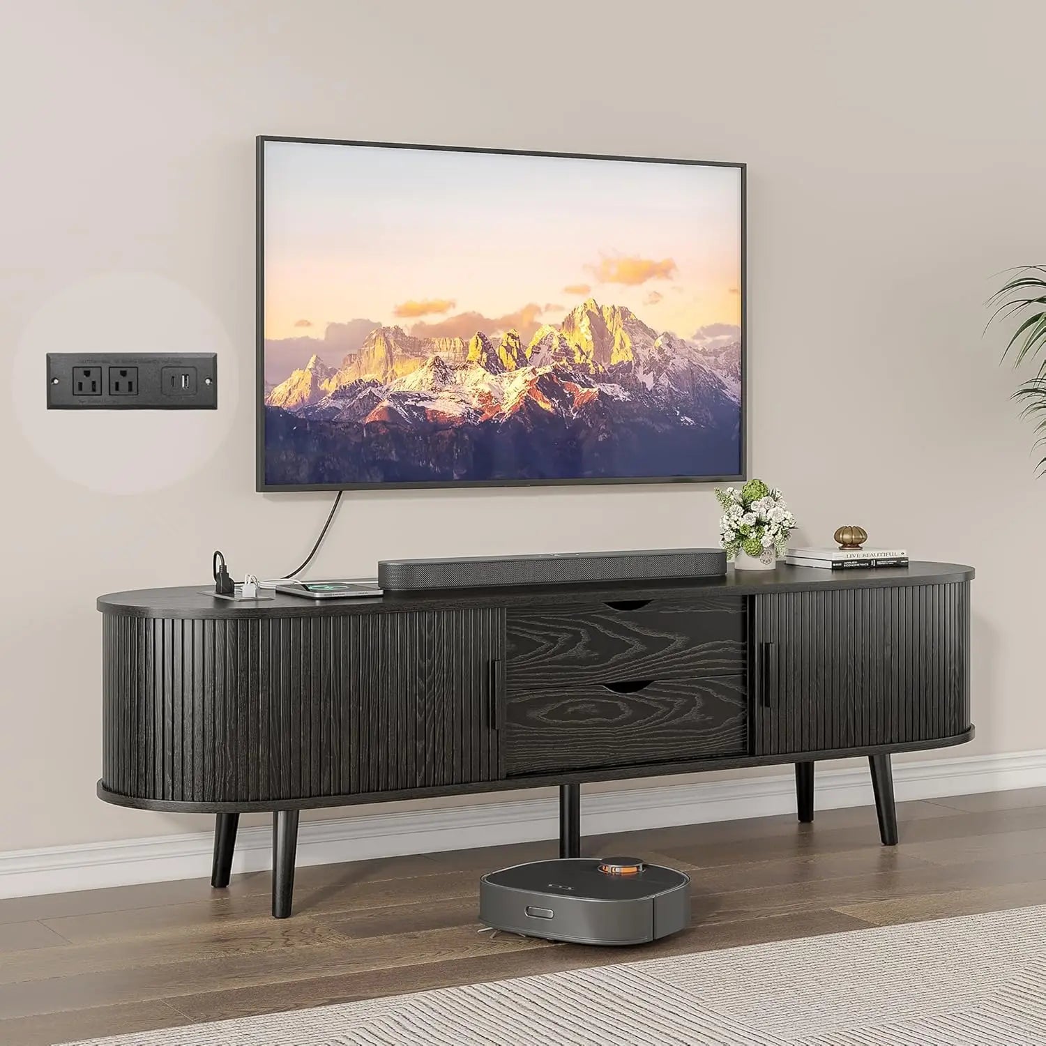 Mid-Century TV Stand with Charging Station & Storage