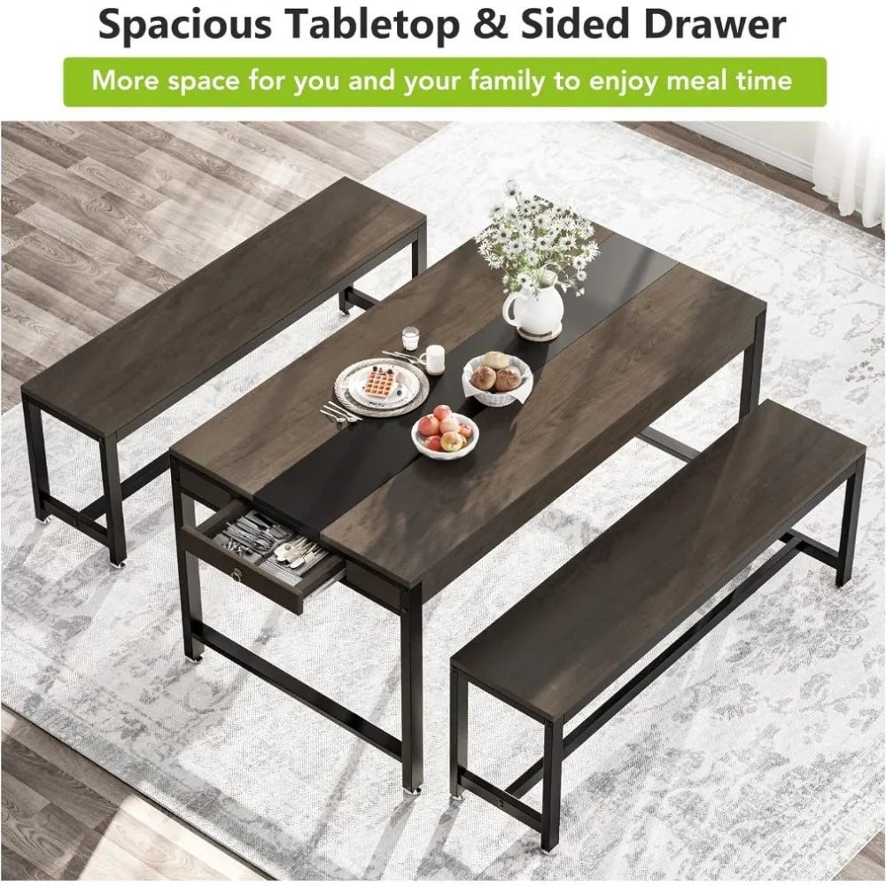 Large Dining Table Set with 2 Benches & Drawer