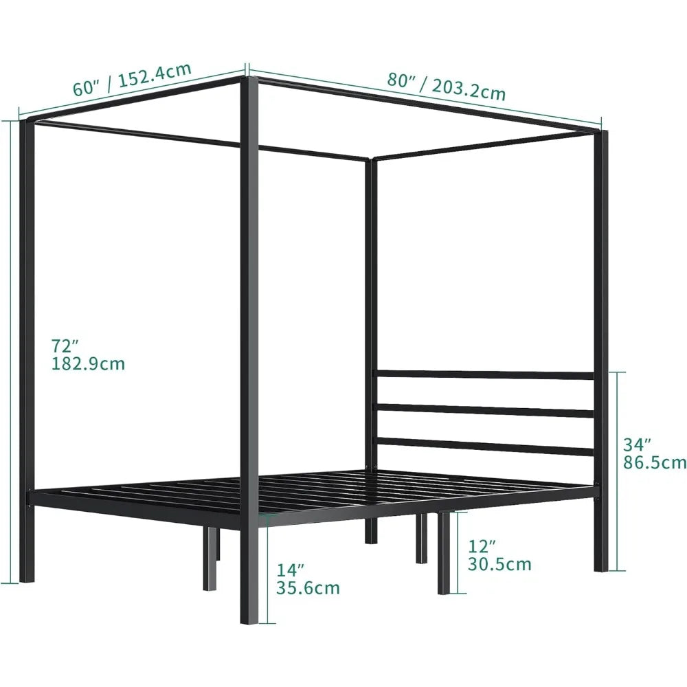 Canopy Bed Frame Metal Four Posters 14 Inch Platform with Built-in Headboard Strong Metal Slat Mattress Support