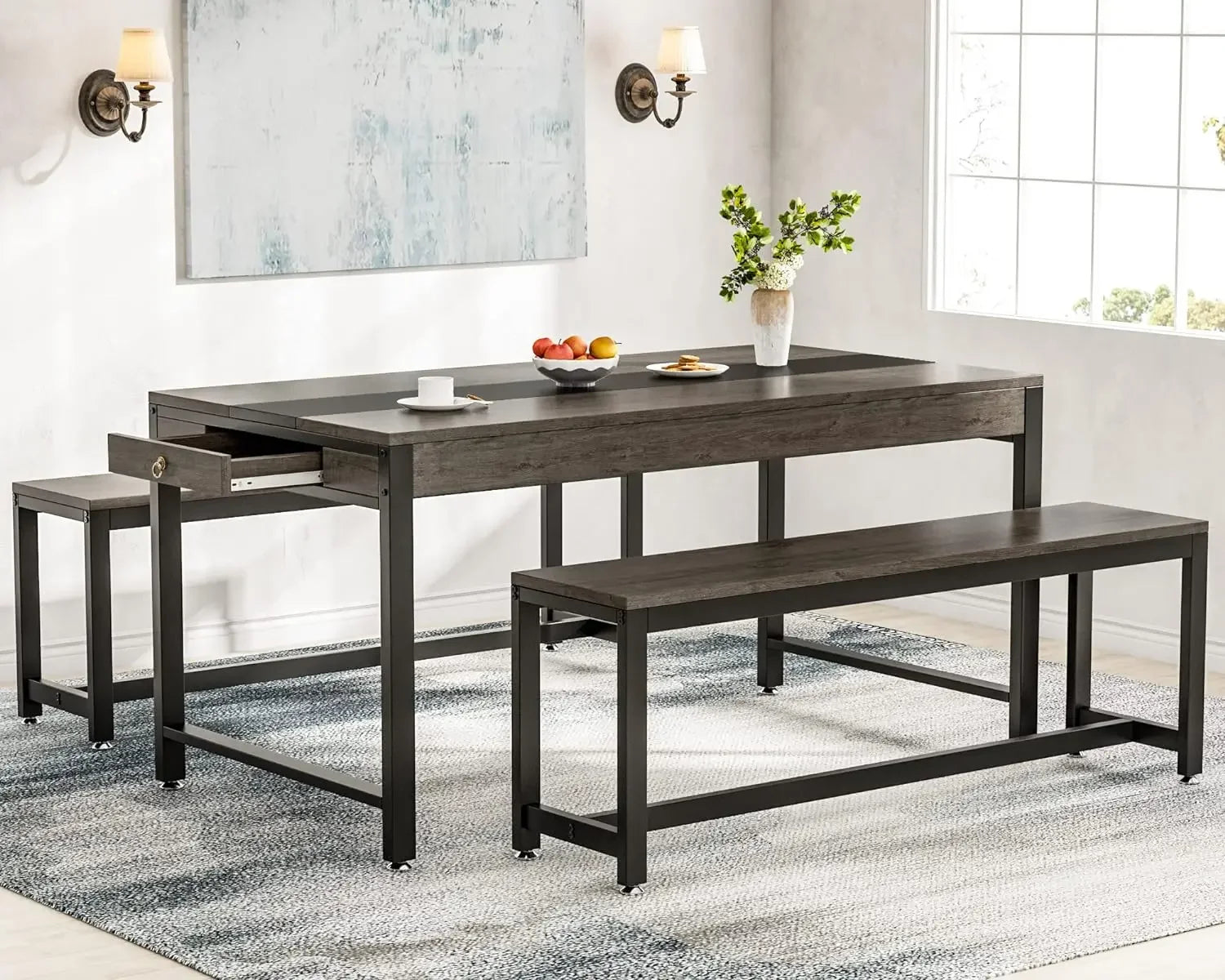 Large Dining Table Set with 2 Benches & Drawer