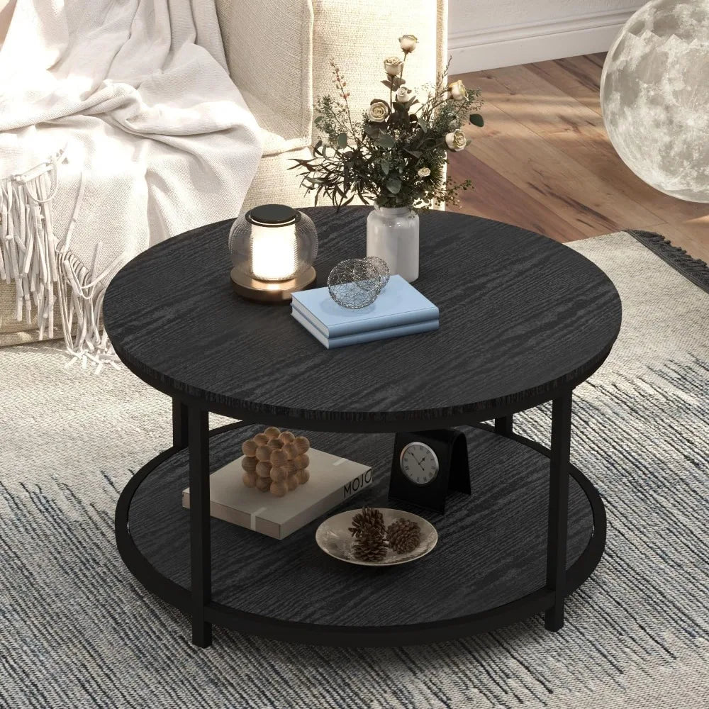 RustiTier 33.5" Round Coffee Table with Open Shelf