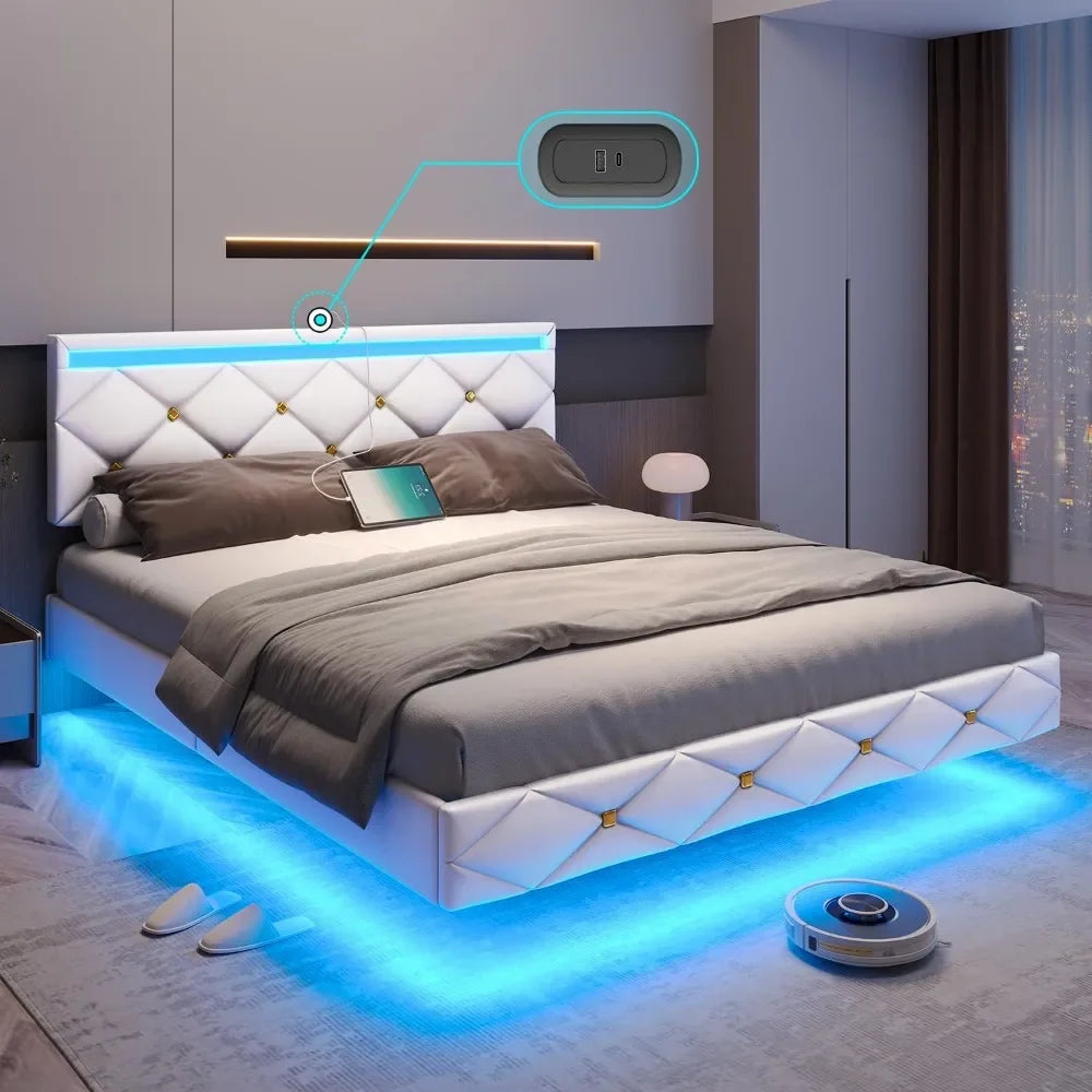 Queen Floating Bed Frame with Faux Leather Headboard